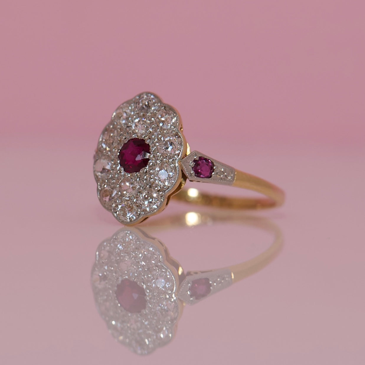 18ct gold old cut ruby and diamond cluster ring