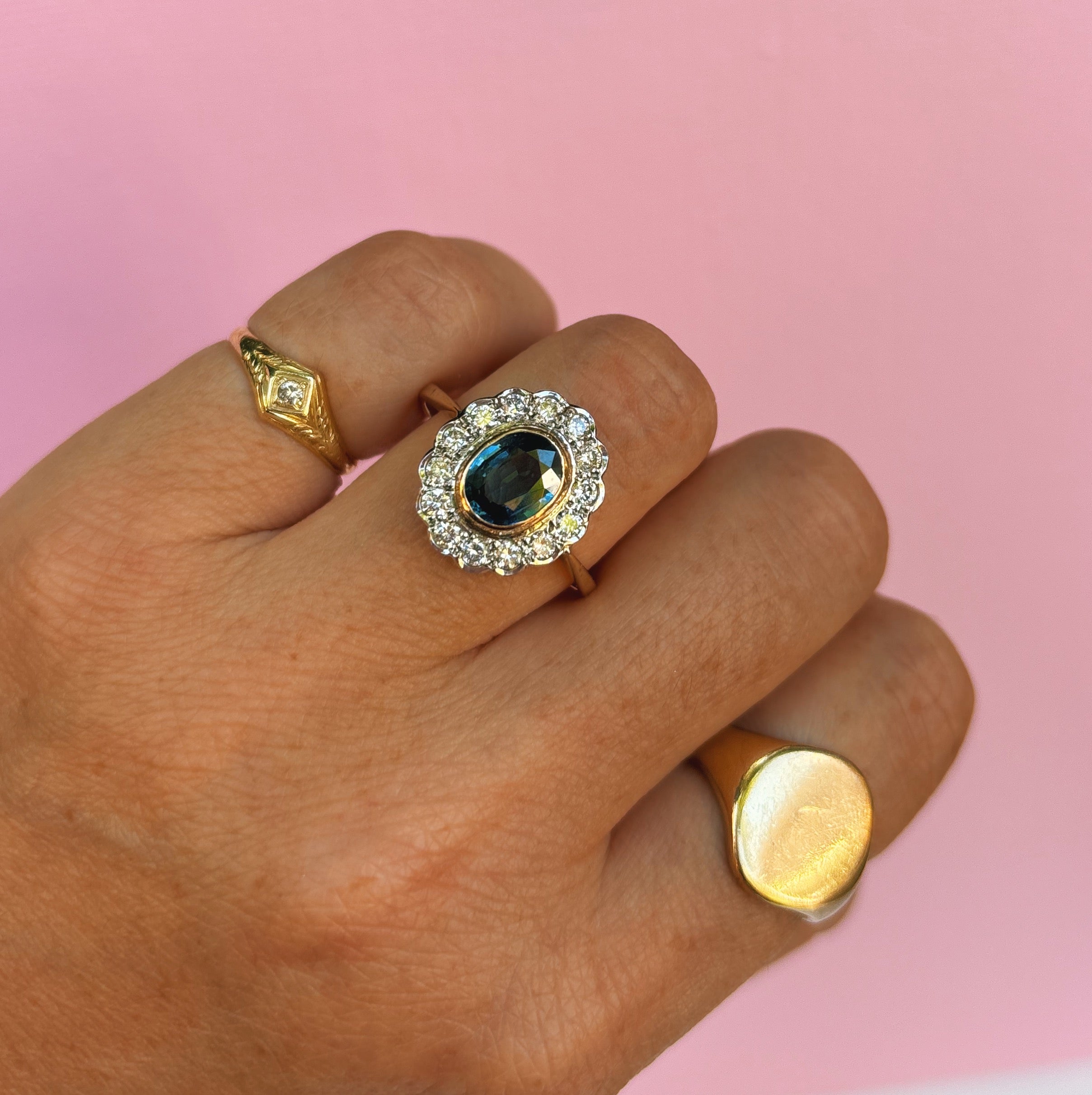 9ct gold bezel set sapphire and diamond antique cluster ring