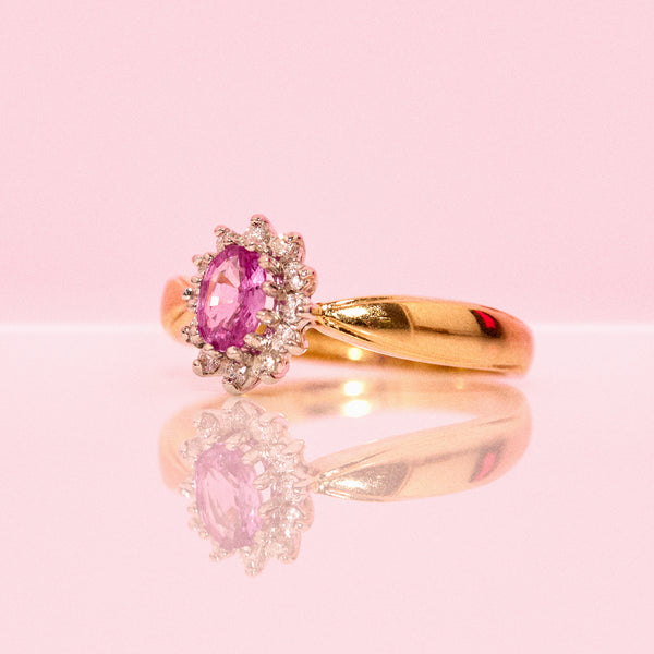 18ct gold pink sapphire and diamond cluster ring