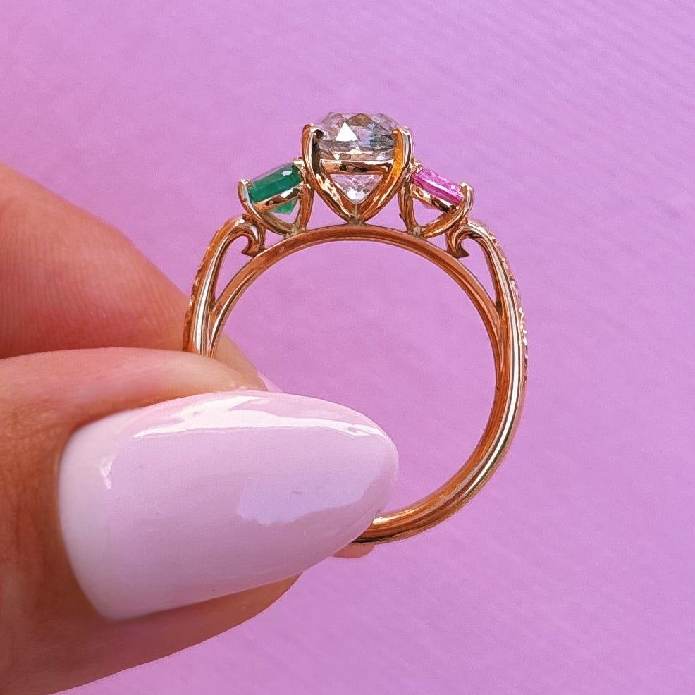 18ct gold 1.48ct emerald cut emerald and diamond three stone ring (made to order)
