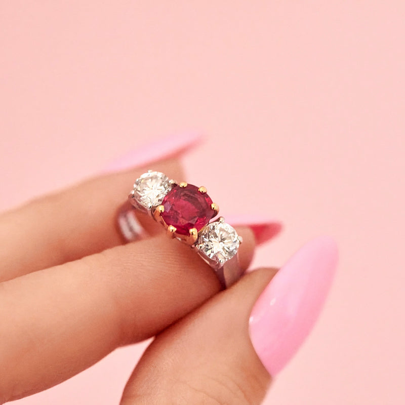 18ct white gold ruby and diamond three stone ring