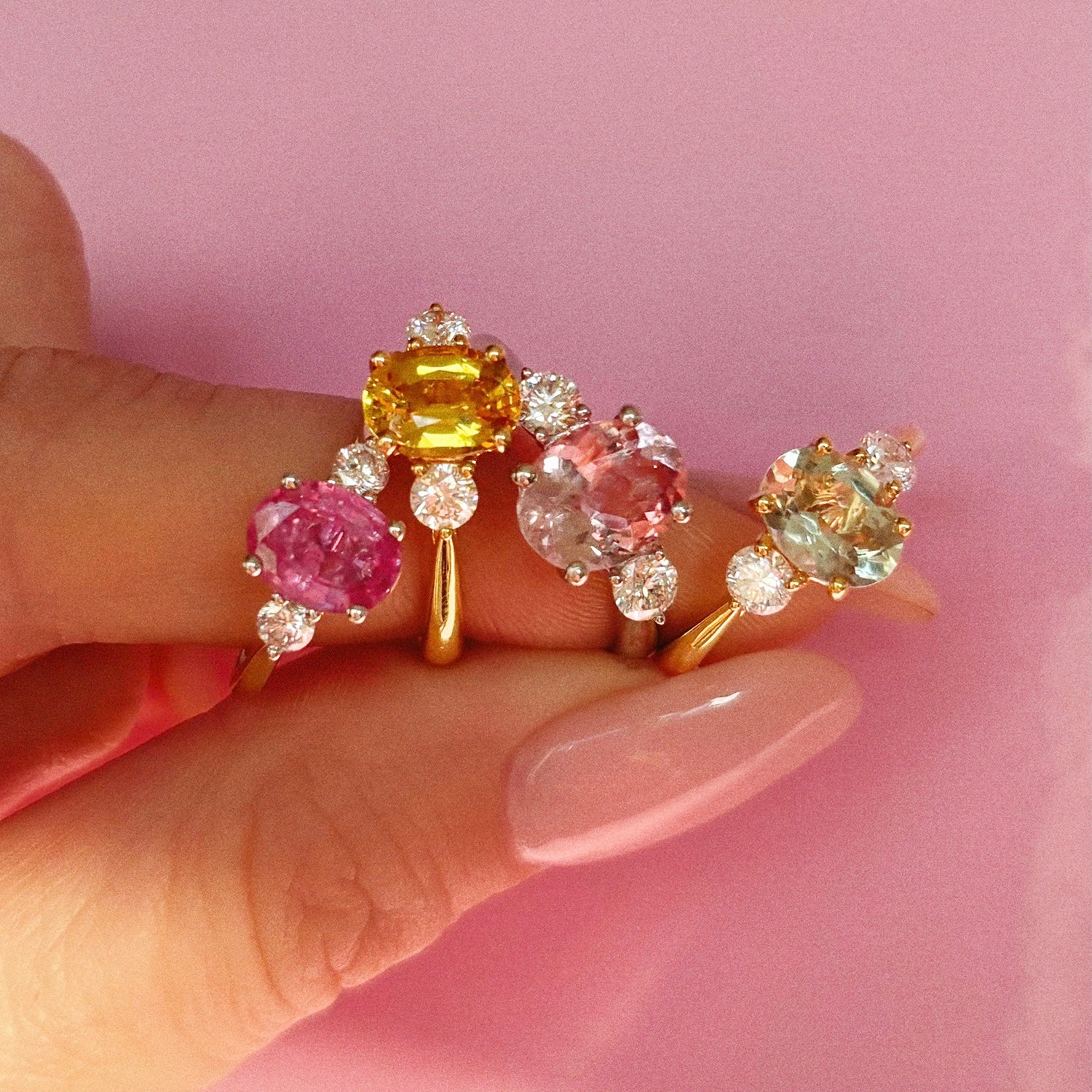 9ct gold pink sapphire and diamond three stone ring