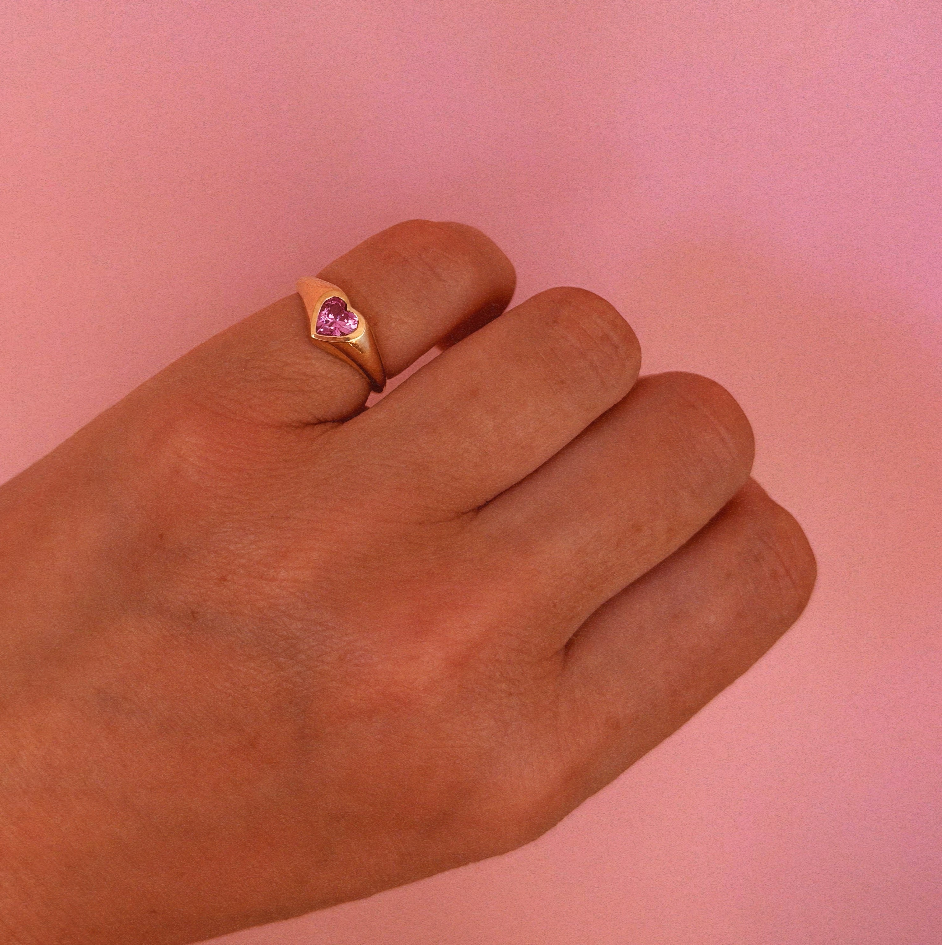 9ct gold heart shaped pink sapphire signet pinky ring (made to order)