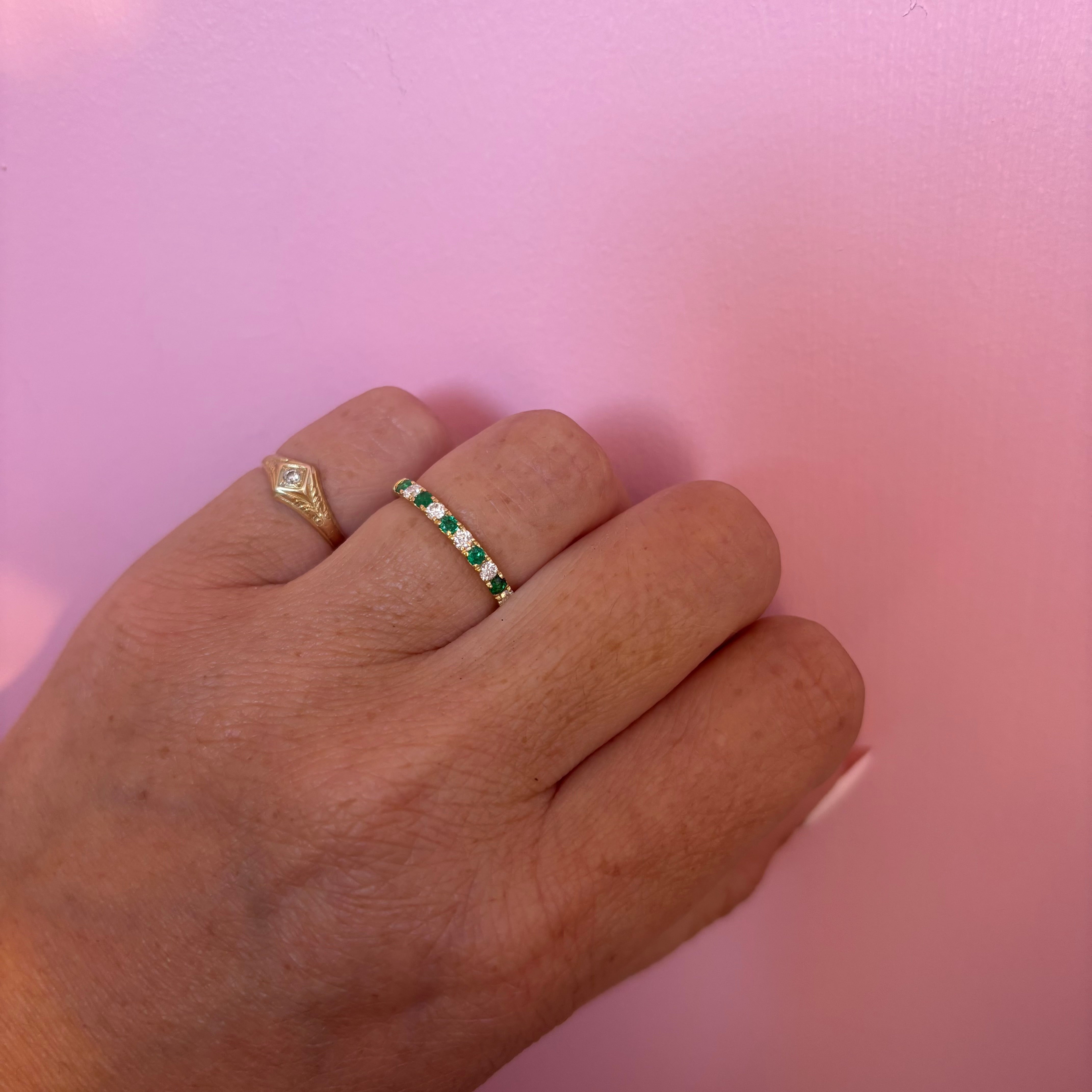 18ct yellow gold emerald and diamond half eternity ring