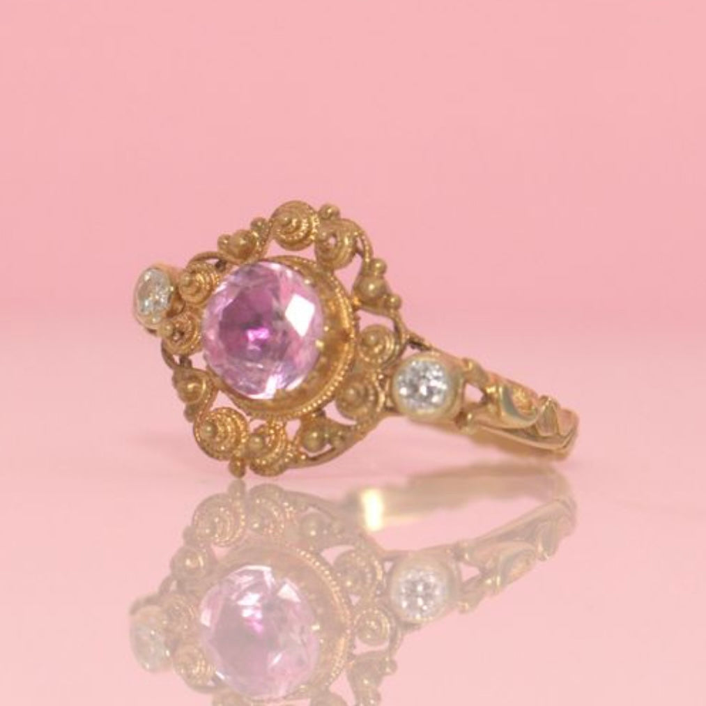 15ct gold pink topaz and diamond pin conversion antique ring