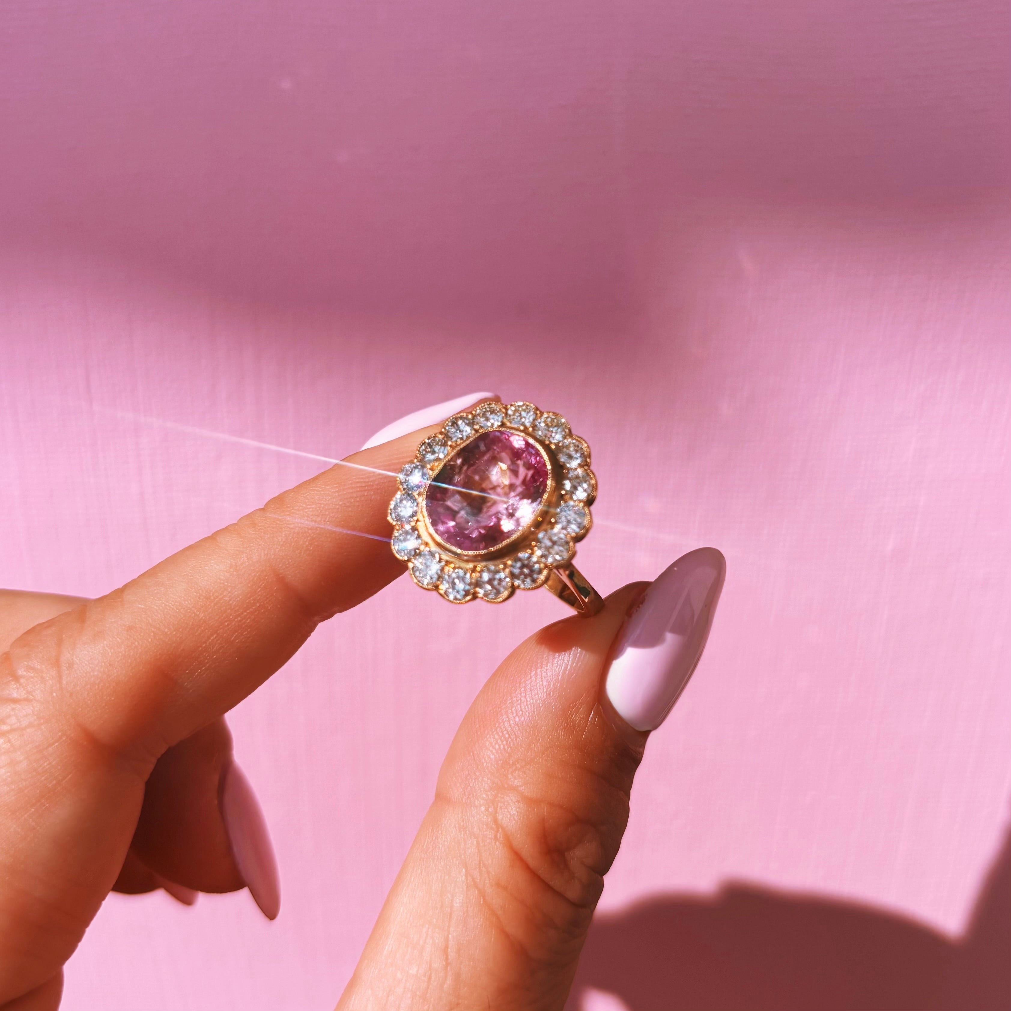 Vintage 18ct gold 6.27ct pink Ceylon cushion cut Sapphire and 1.50ct old cut diamond ring