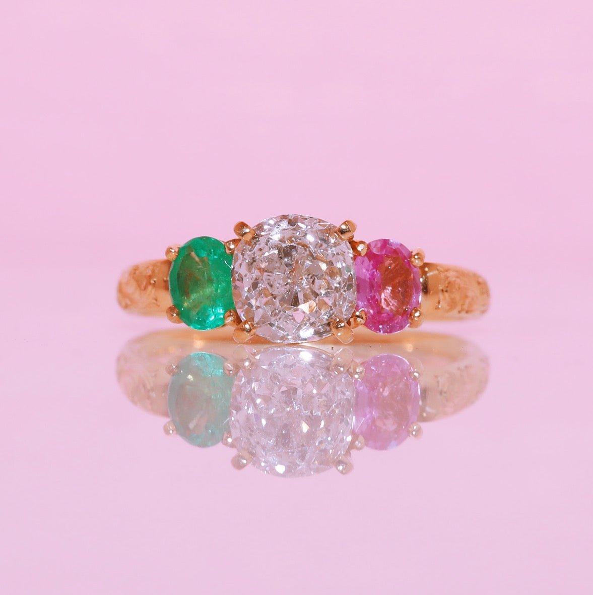 18ct yellow gold 1.569ct old cut vintage diamond, emerald and pink sapphire ‘Two Become One’ engraved ring