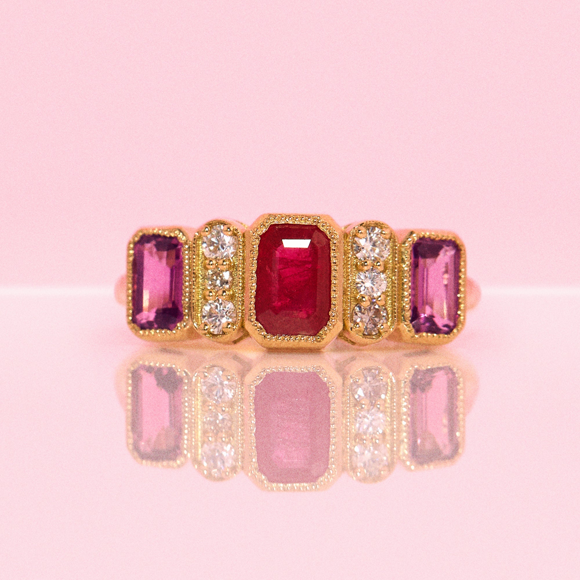 18ct gold ruby, pink sapphire and diamond ring