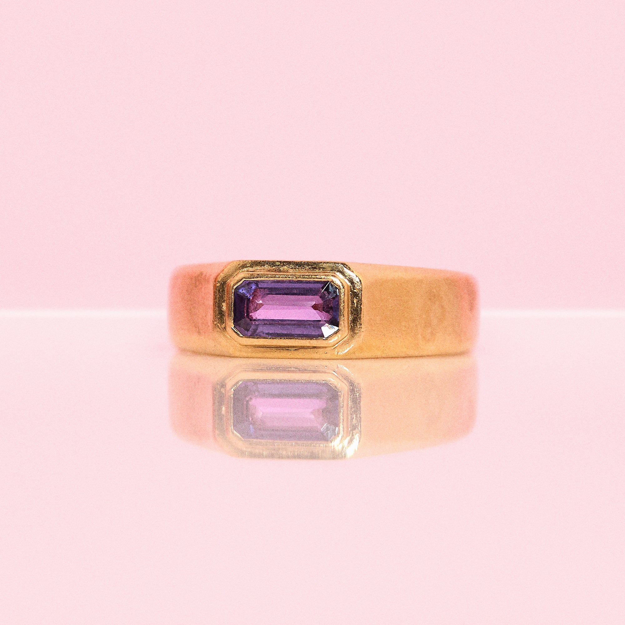 18ct gold bezel set amethyst east to west signet ring