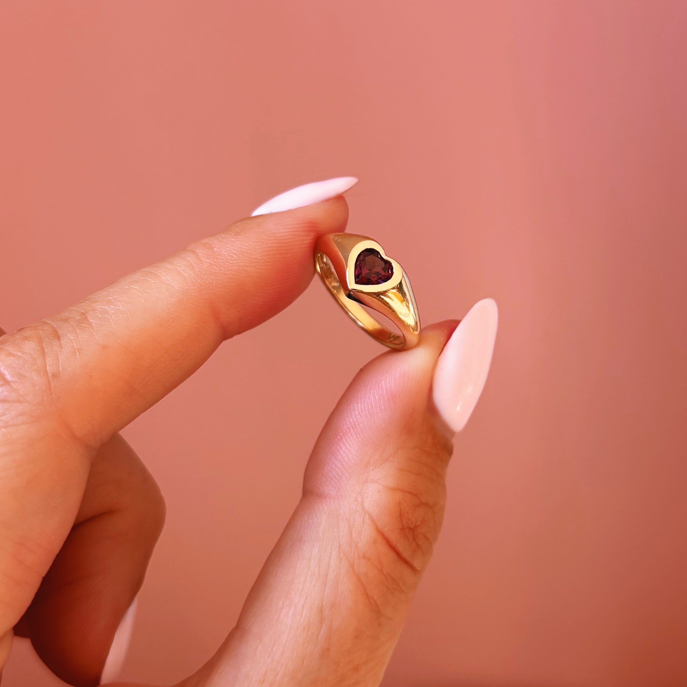 9ct gold heart shaped rhodolite garnet signet pinky ring (made to order)