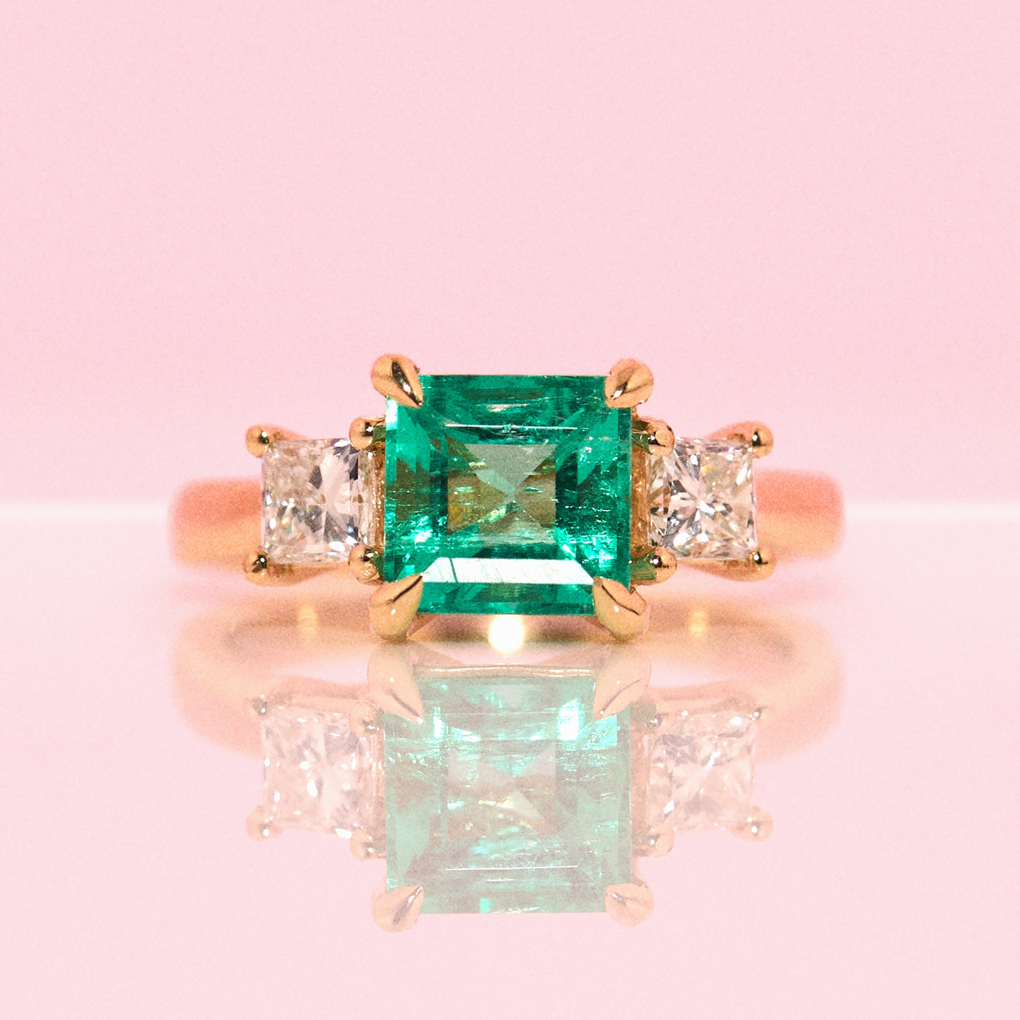 18ct gold 1.65ct Columbian emerald and diamond three stone ring (made to order)