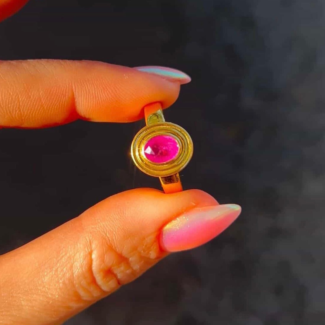 14ct gold pink sapphire bezel set ring