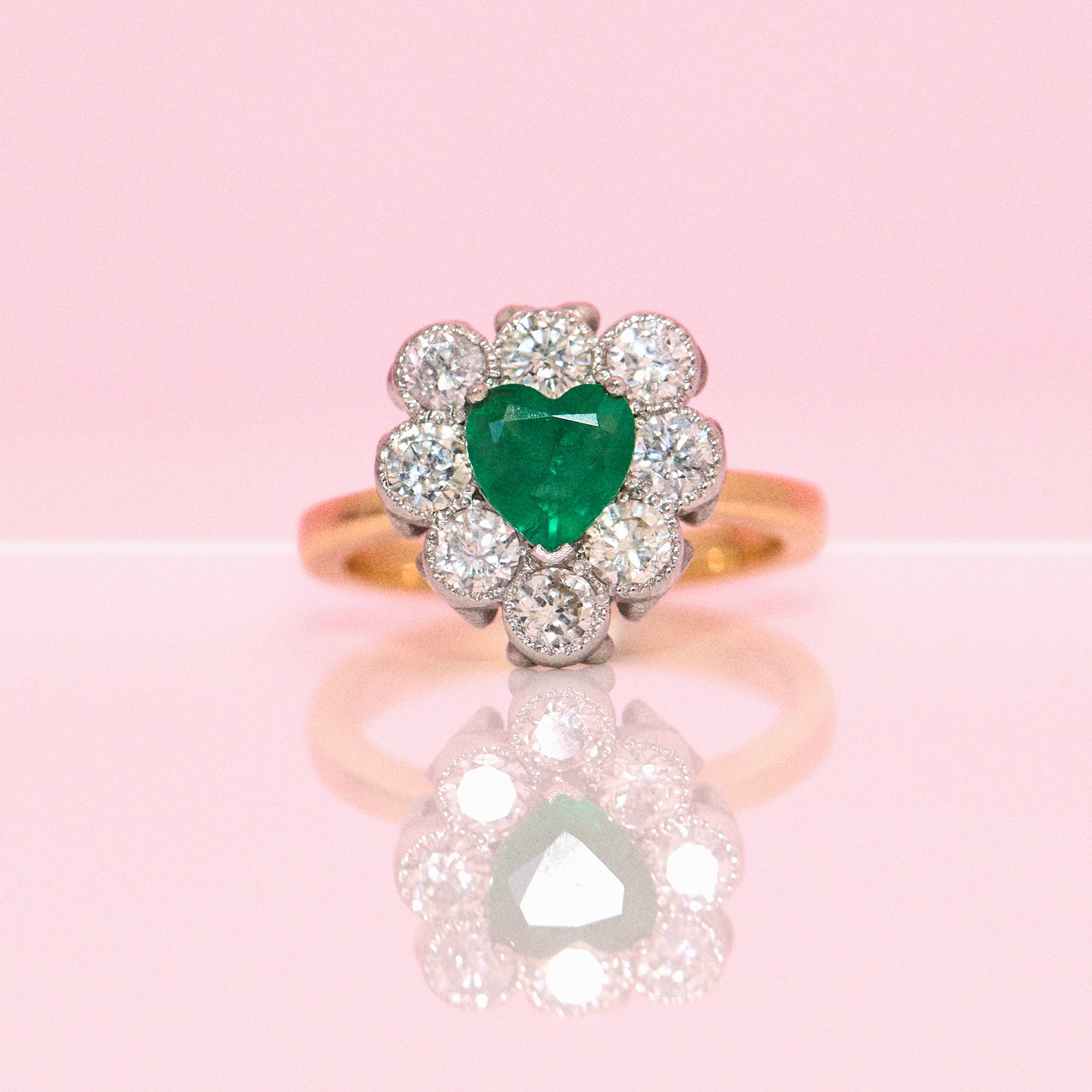 18ct gold heart-shaped emerald and diamond vintage earring conversion ring