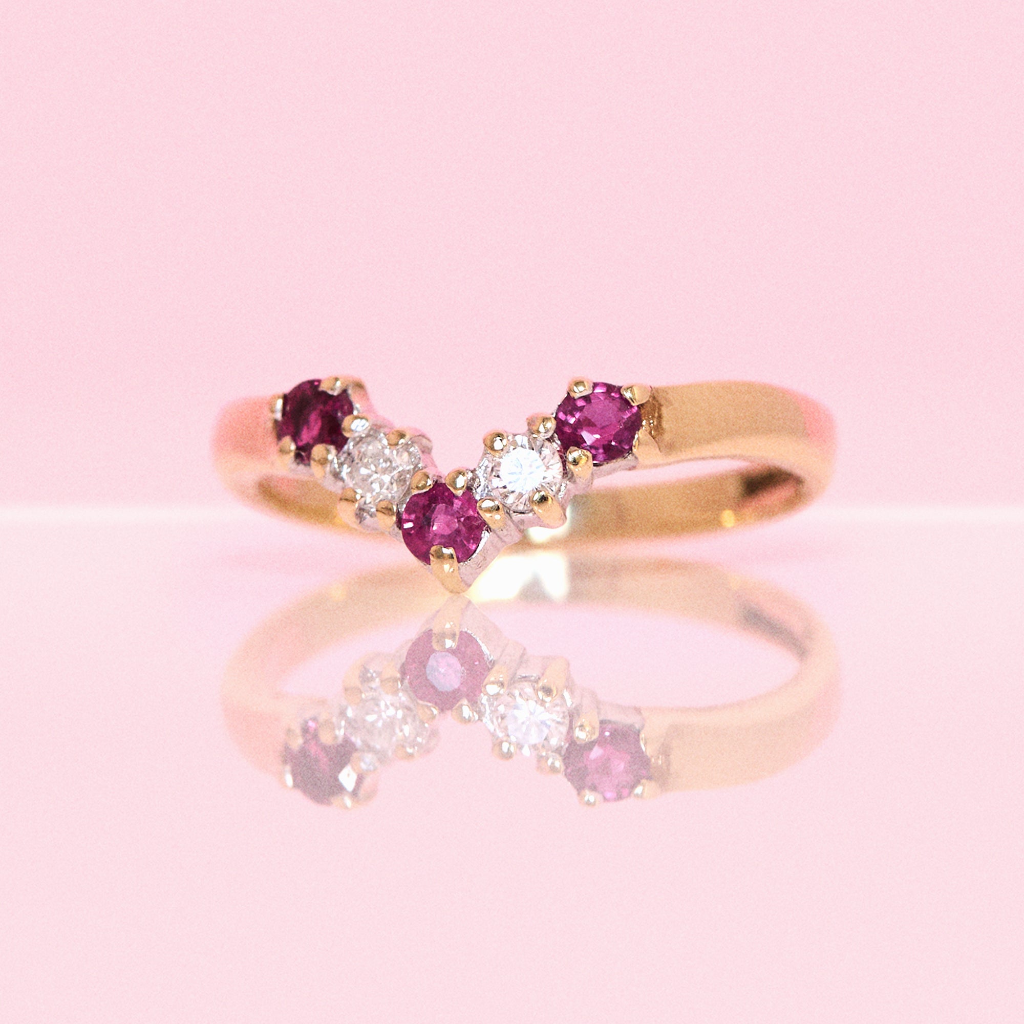 9ct gold ruby and diamond wishbone ring