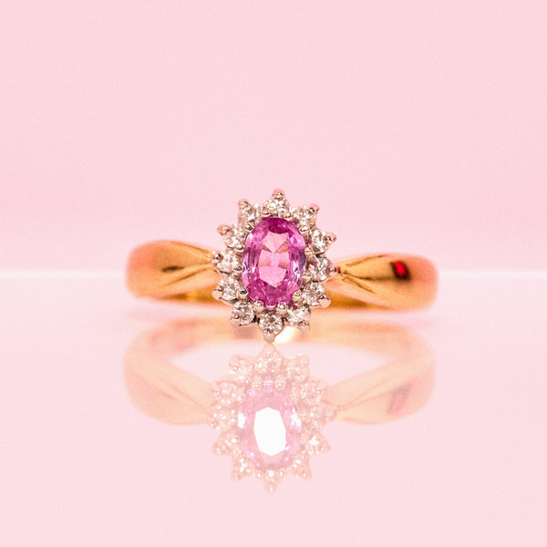18ct gold pink sapphire and diamond cluster ring