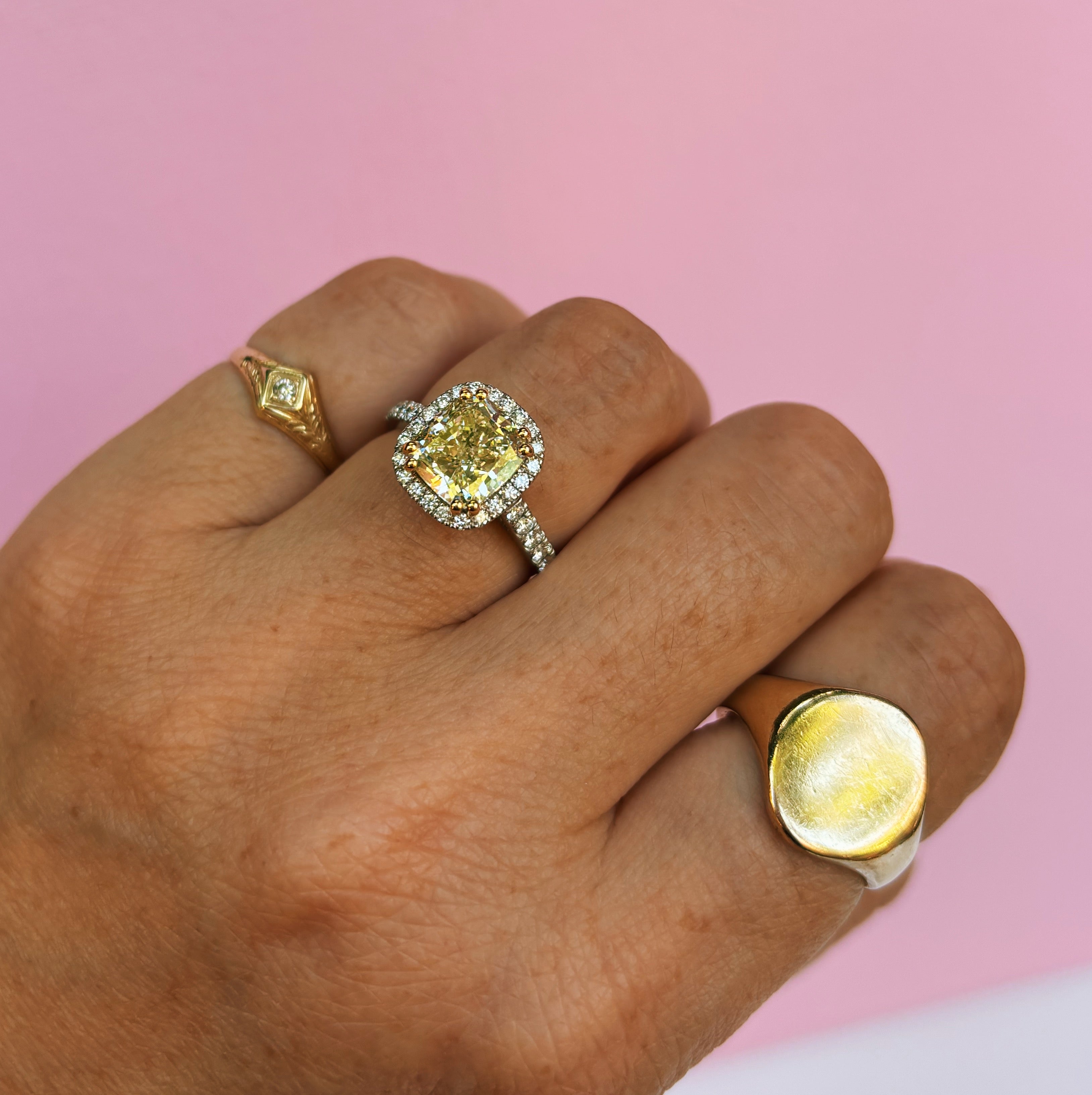 Platinum 3.0ct cushion cut yellow diamond halo ring