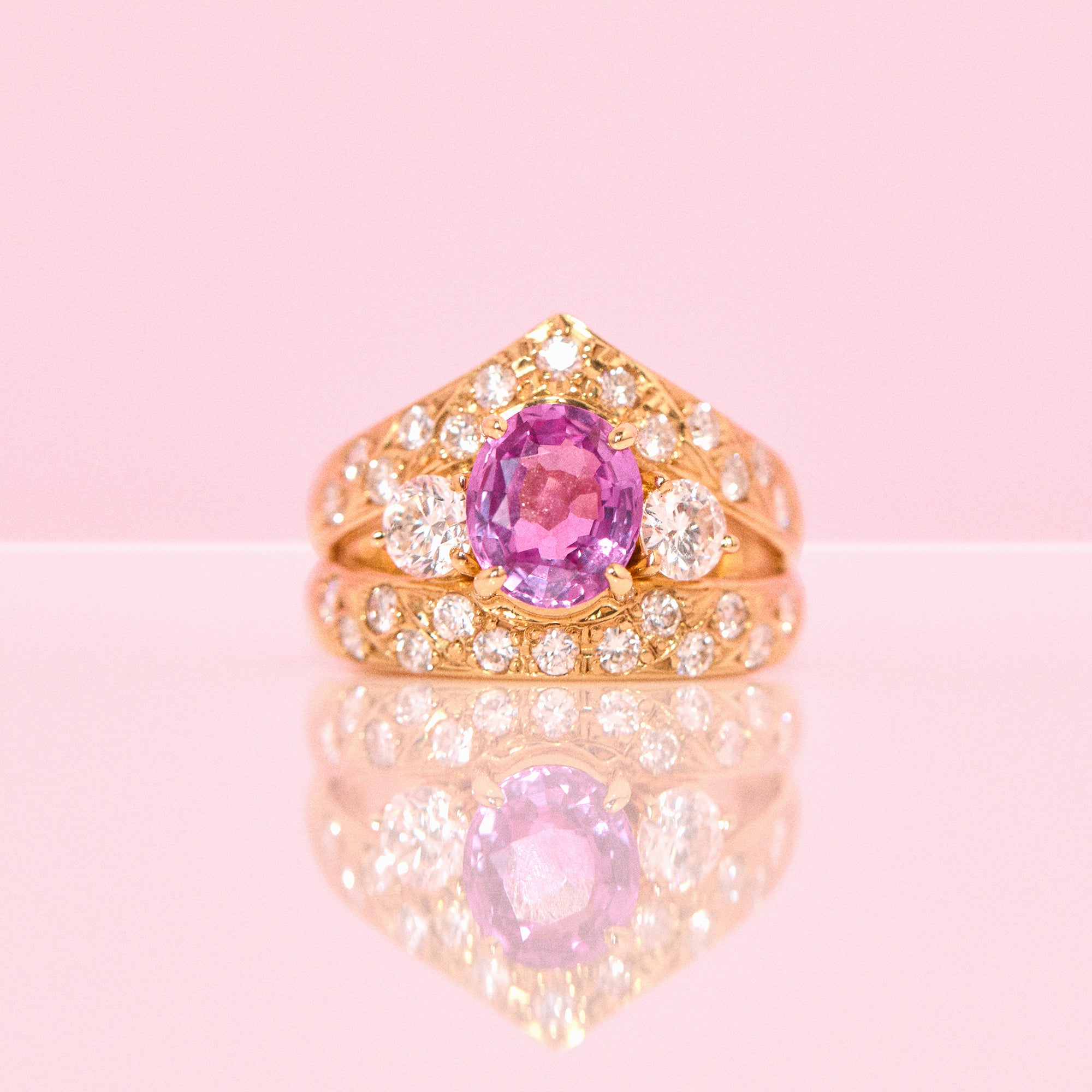 18ct gold pink sapphire and diamond ‘crown’ ring