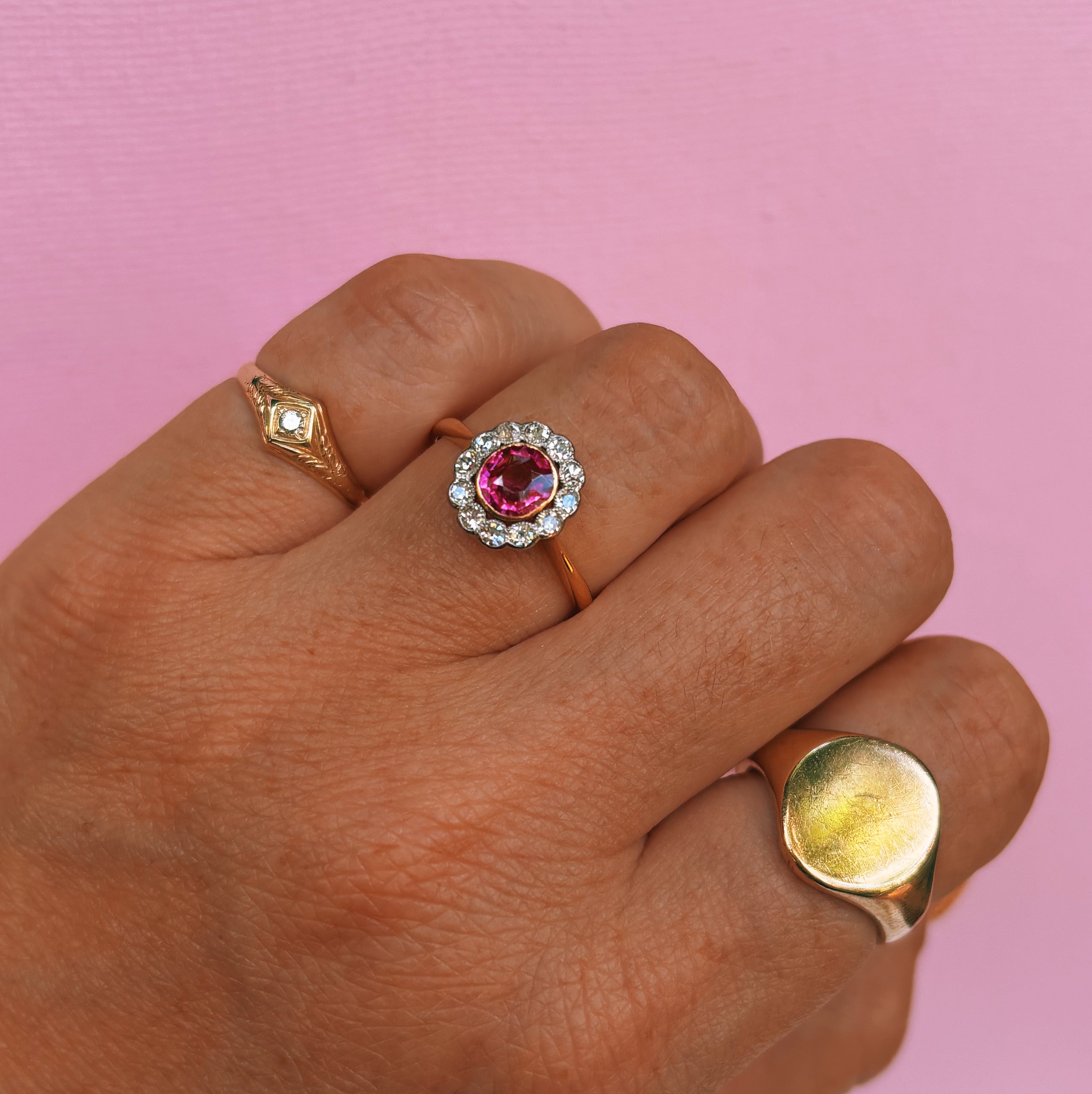 18ct gold old cut bezel set pink sapphire and diamond antique cluster ring