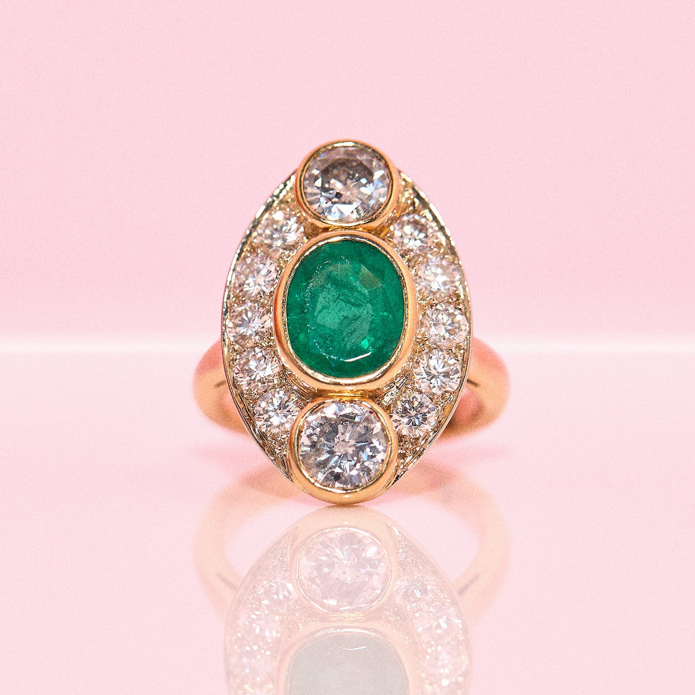 Vintage 18ct gold 2.9ct emerald and 2.5ct diamond french ring