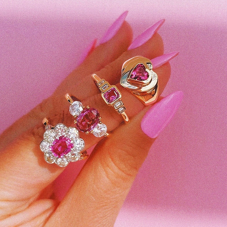 9ct gold 0.52ct emerald cut pink sapphire and baguette diamond three stone ring (made to order)