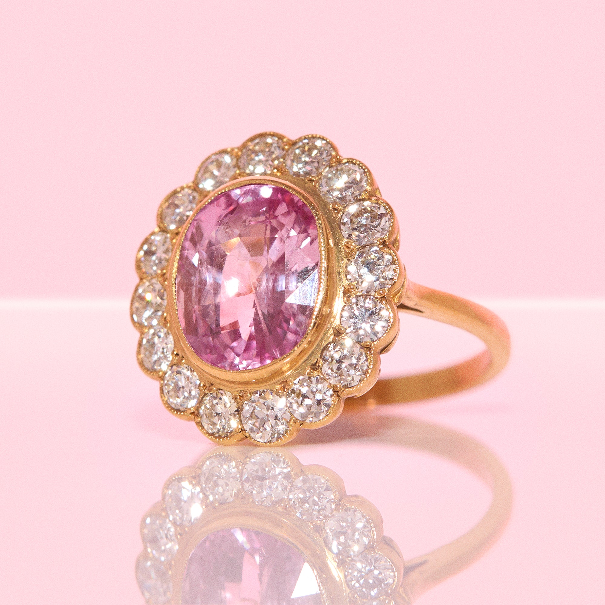 Vintage 18ct gold 6.30ct pink Ceylon cushion cut Sapphire and 1.50ct old cut diamond ring