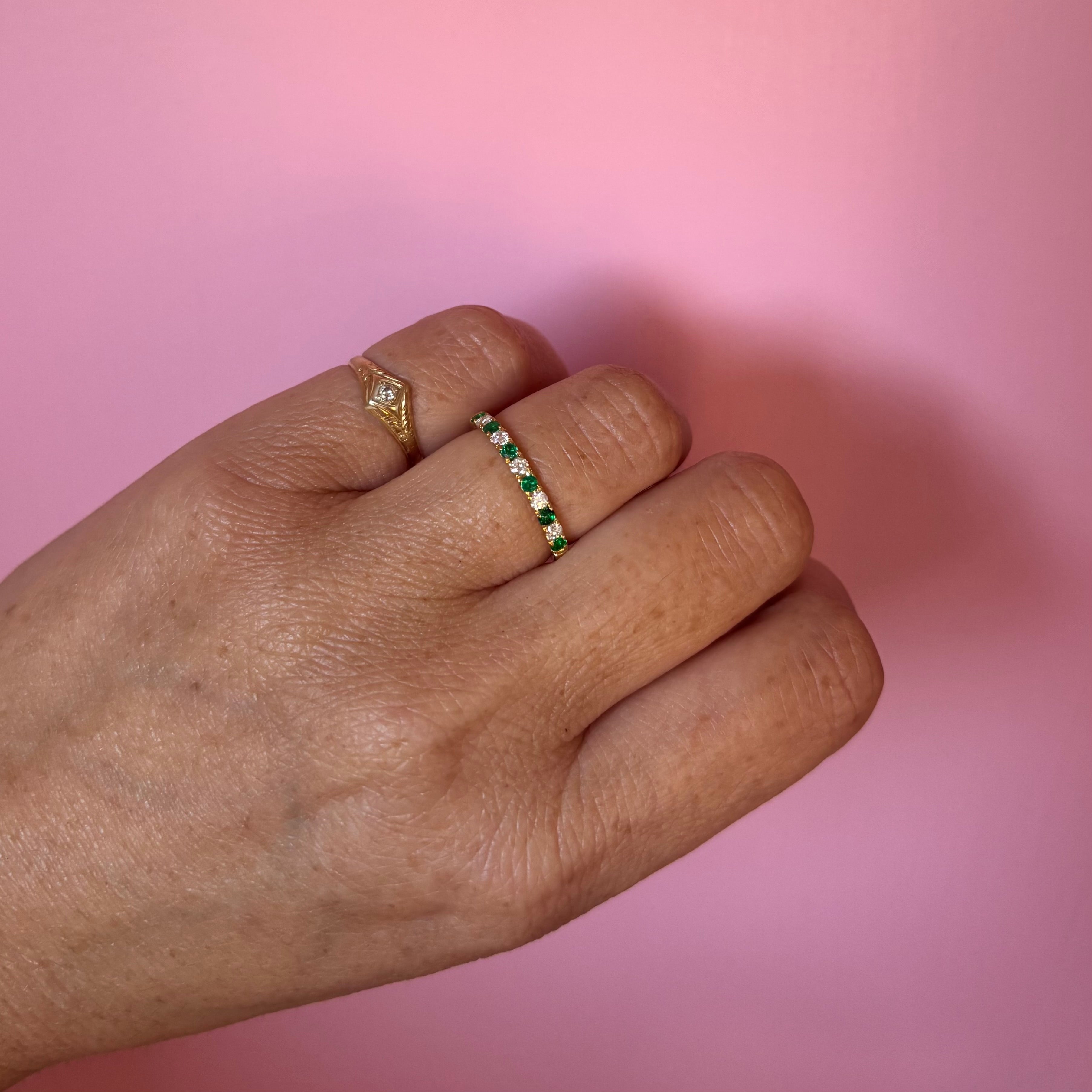 18ct yellow gold emerald and diamond half eternity ring