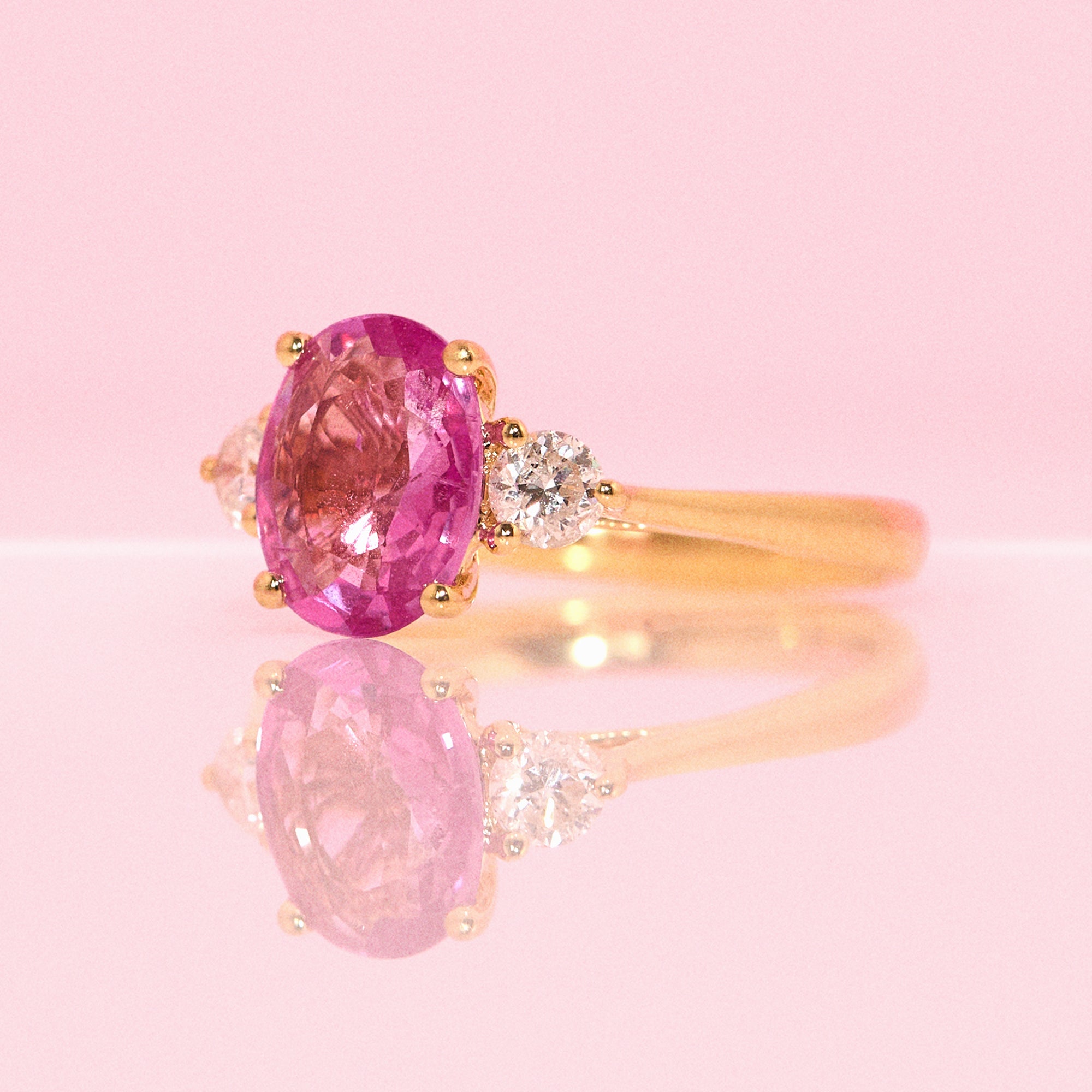 18ct gold 1.93ct pink sapphire and diamond three stone ring (made to order)