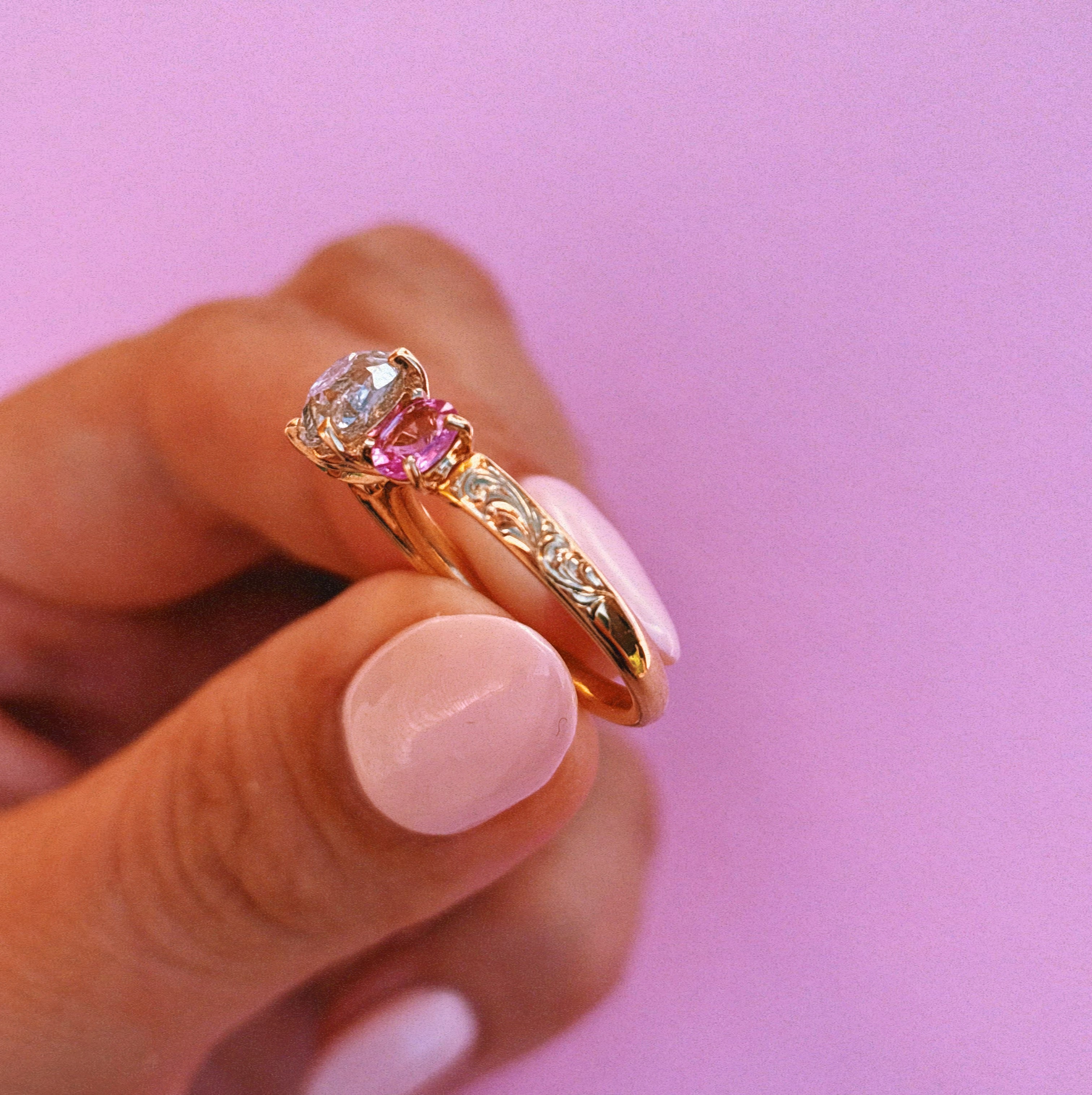 18ct yellow gold 1.569ct old cut vintage diamond, emerald and pink sapphire ‘Two Become One’ engraved ring
