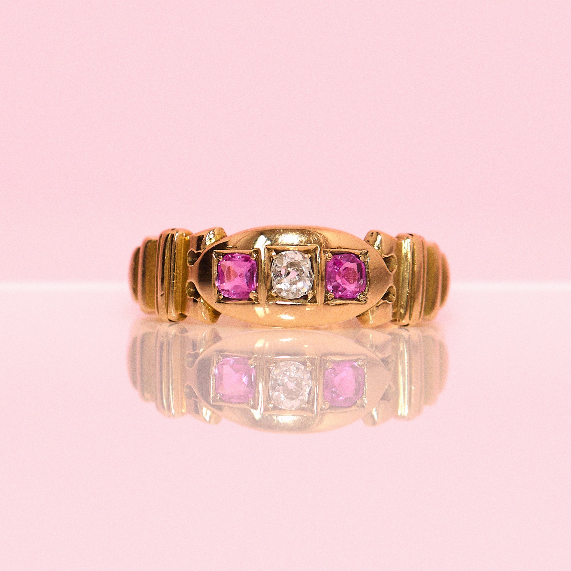 18ct gold Victorian pink sapphire and diamond three stone gypsy ring from 1882