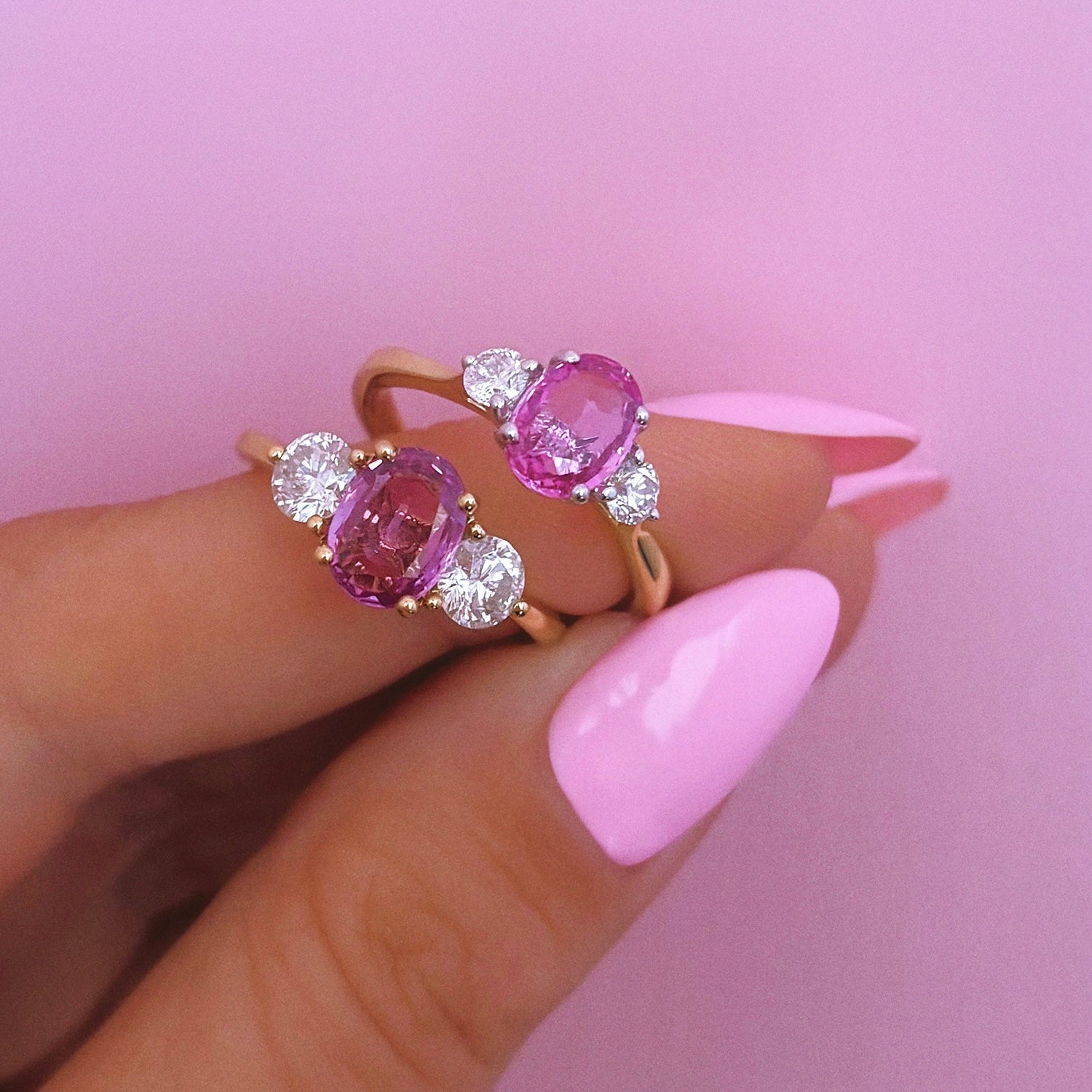 18ct gold 1.22ct pink sapphire and 0.25ct diamond three stone ring