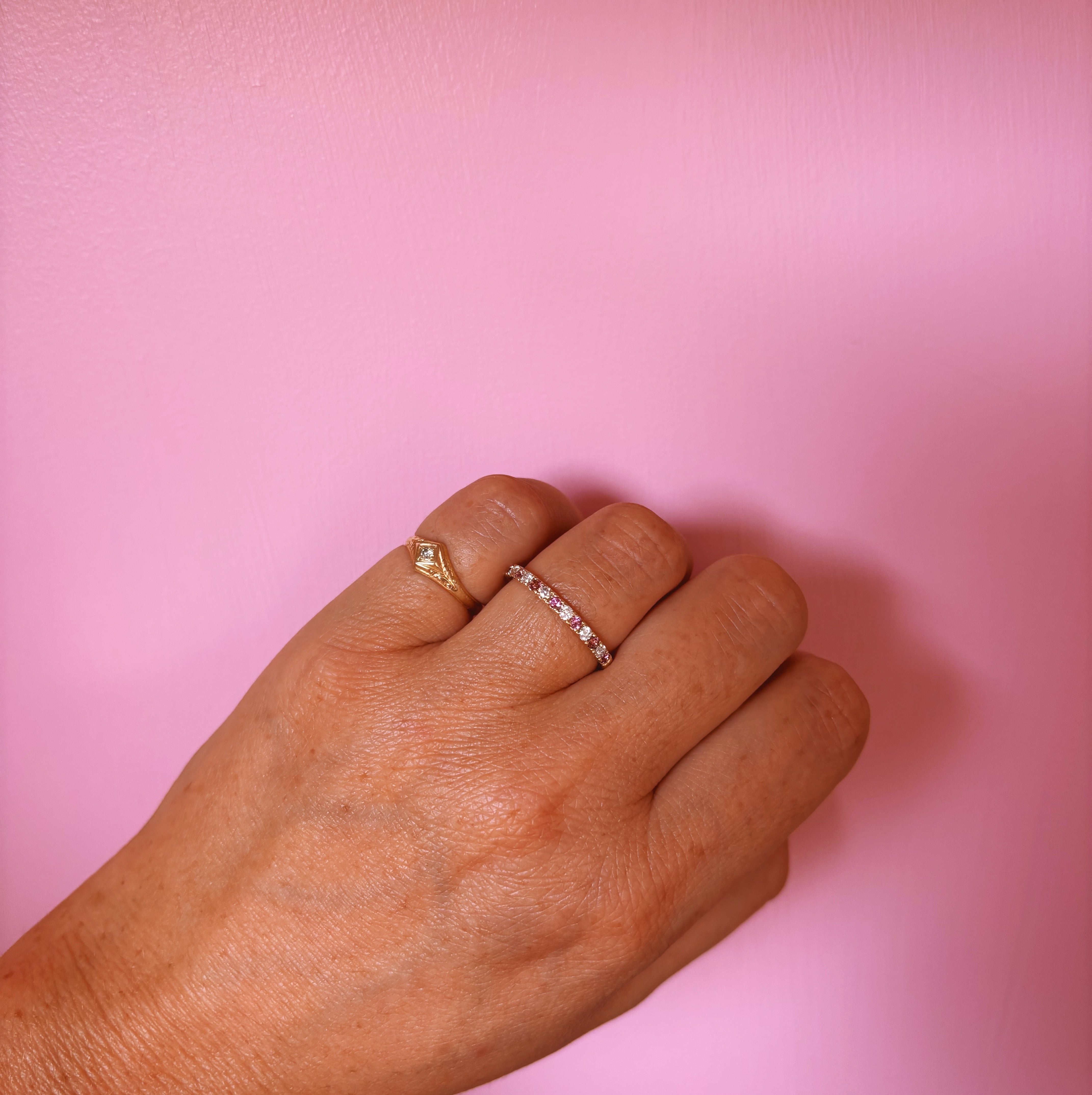 9ct gold 0.32ct rhodolite garnet and 0.18ct diamond half-eternity ring (made to order)