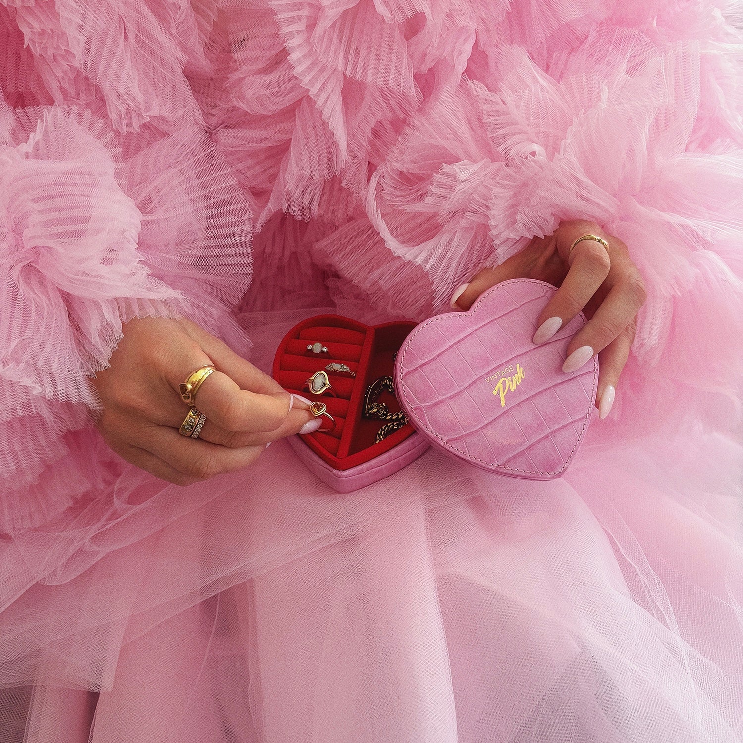 Heart-shaped pink faux croc and red velvet jewellery box (pre-order for Christmas)
