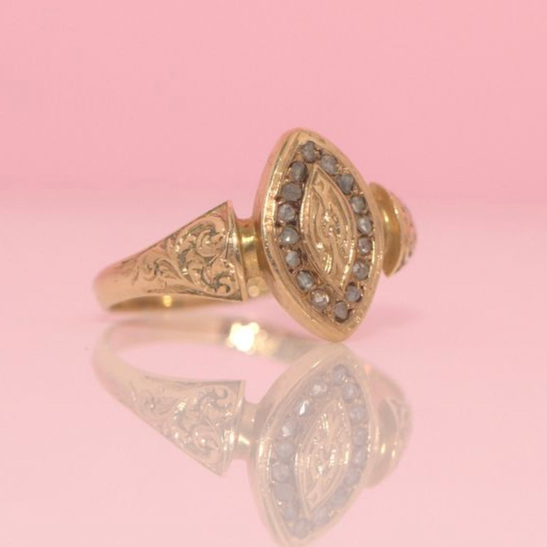 18ct gold rose cut diamond marquise Victorian ring from 1870