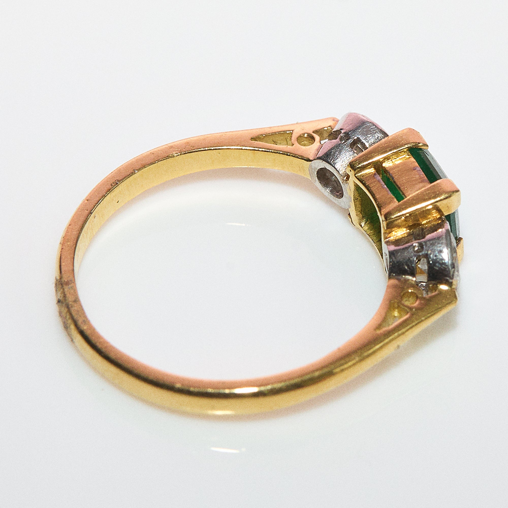 18ct gold square emerald and diamond three stone ring