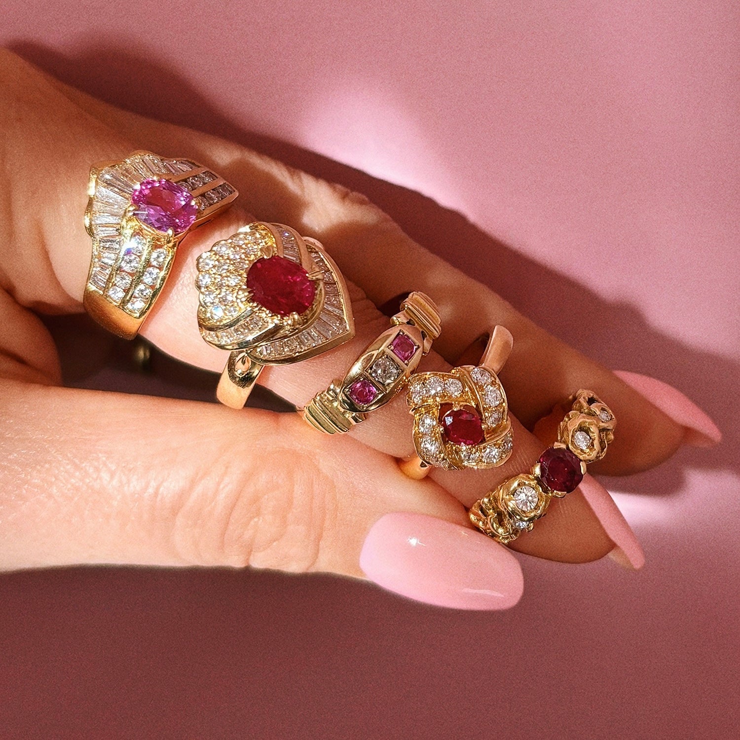 18ct gold pink sapphire and diamond three stone gypsy ring from 1882