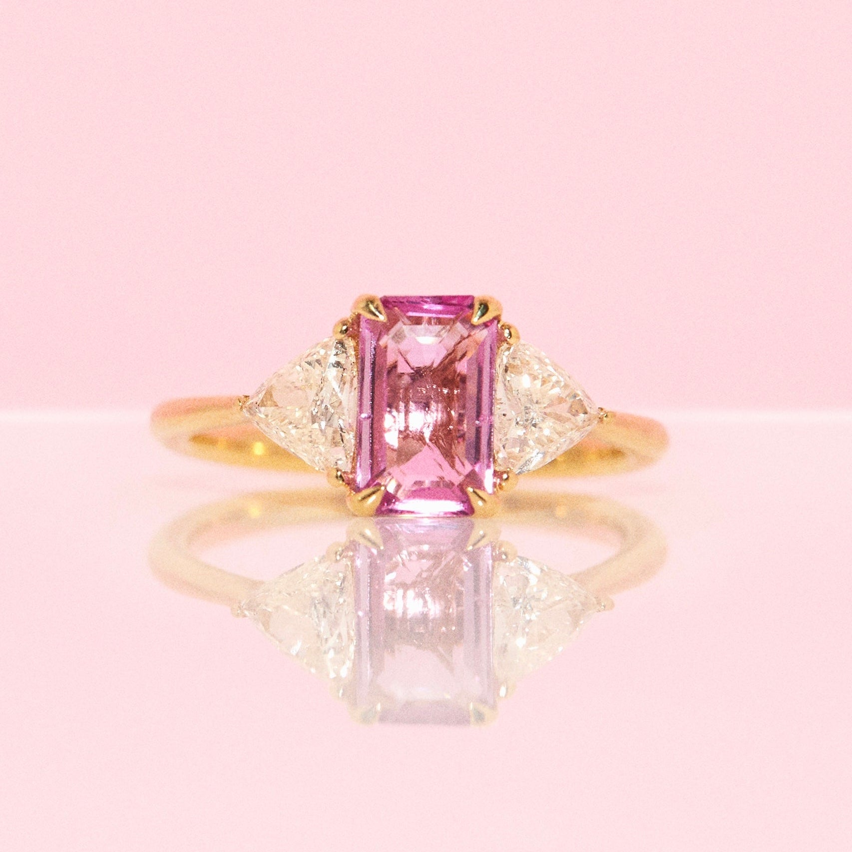 18ct gold pink sapphire and diamond three stone ring (made to order)