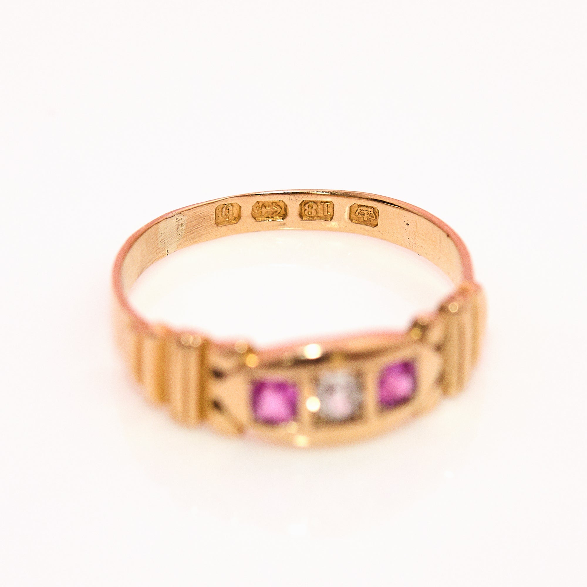 18ct gold pink sapphire and diamond three stone gypsy ring from 1882