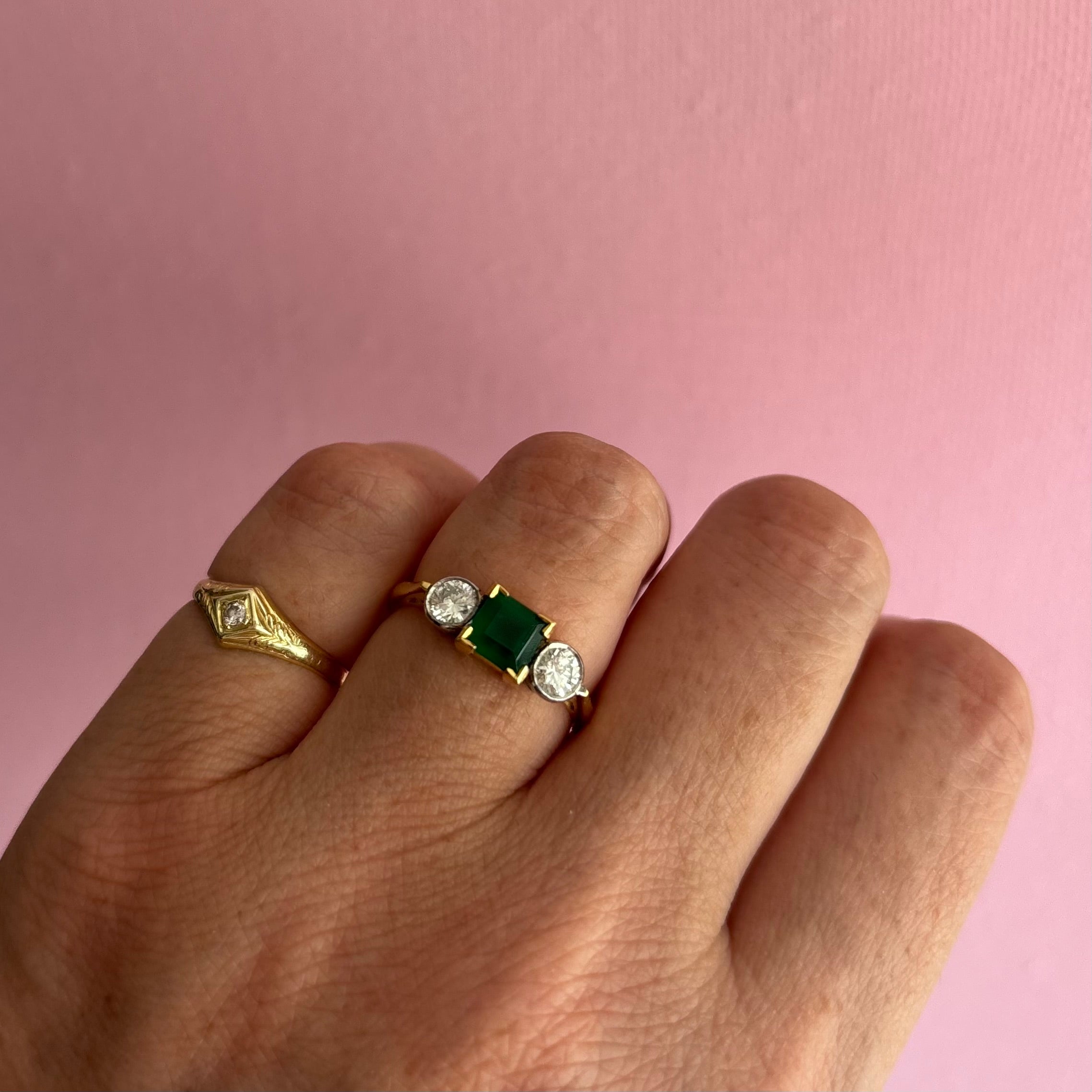 18ct gold square emerald and diamond three stone ring
