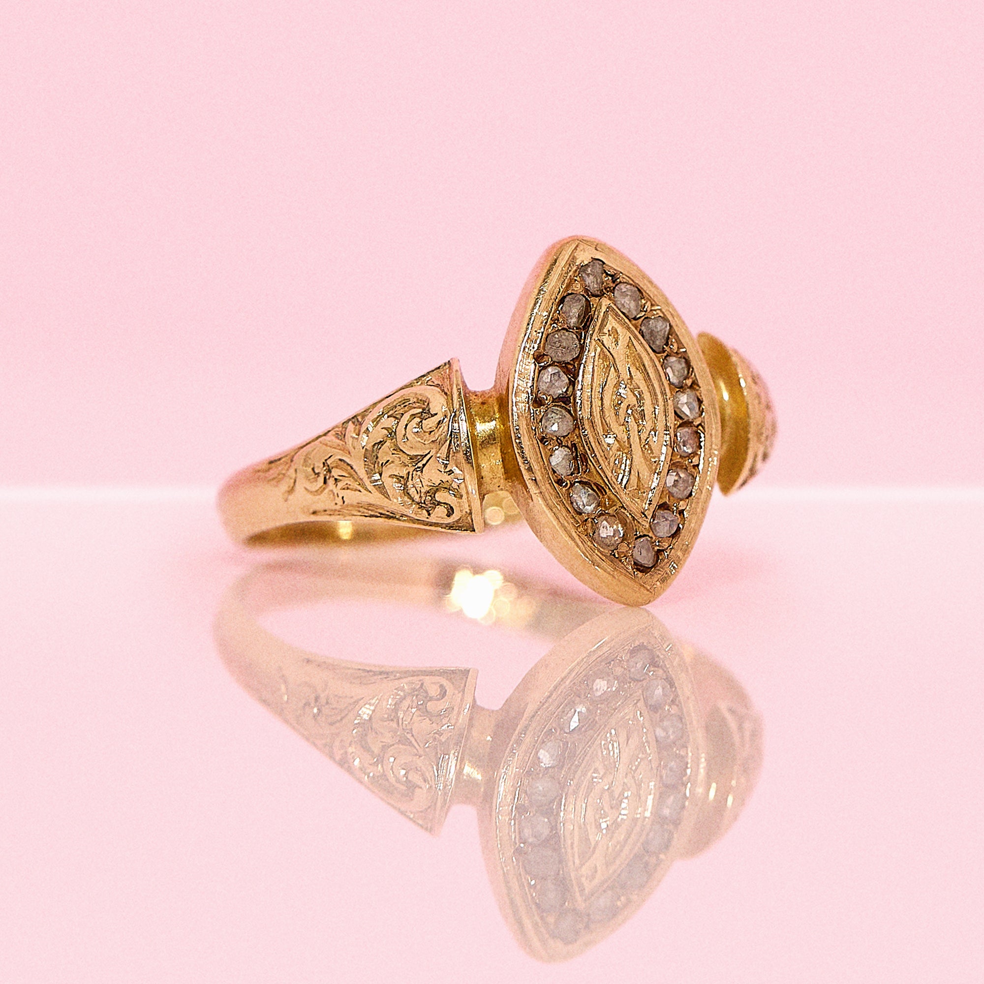 18ct gold rose cut diamond marquise Victorian ring from 1870