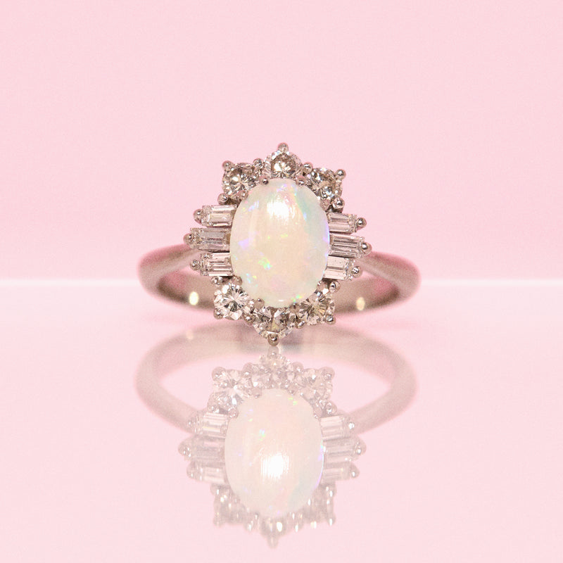 18ct white gold opal and baguette diamond cluster ring