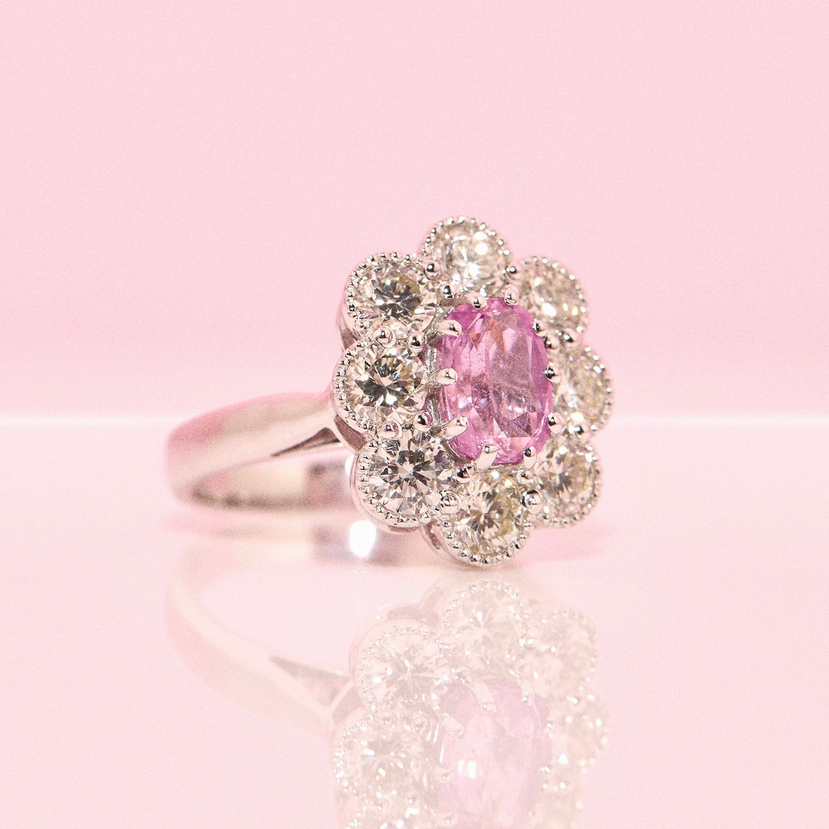 18ct white gold 1.84ct pink sapphire and diamond cluster ring