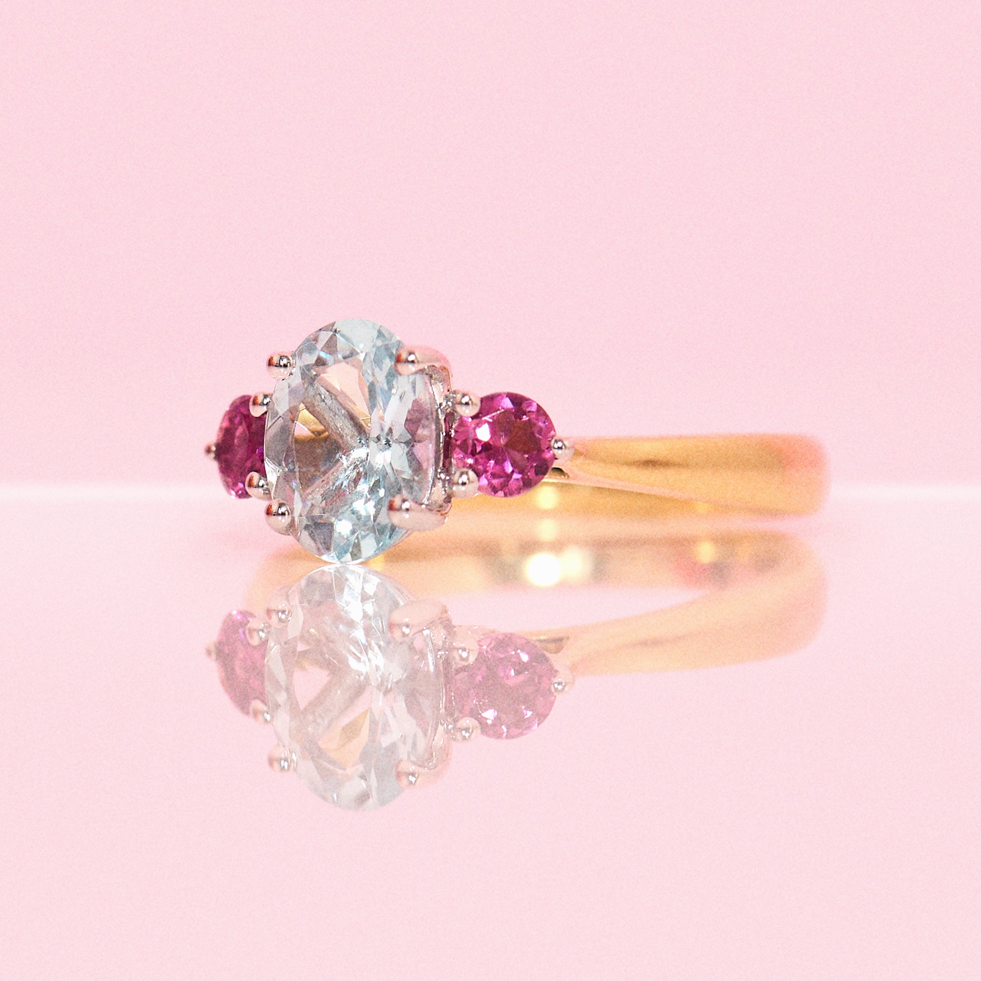 18ct gold aquamarine and pink topaz three stone ring (made to order)