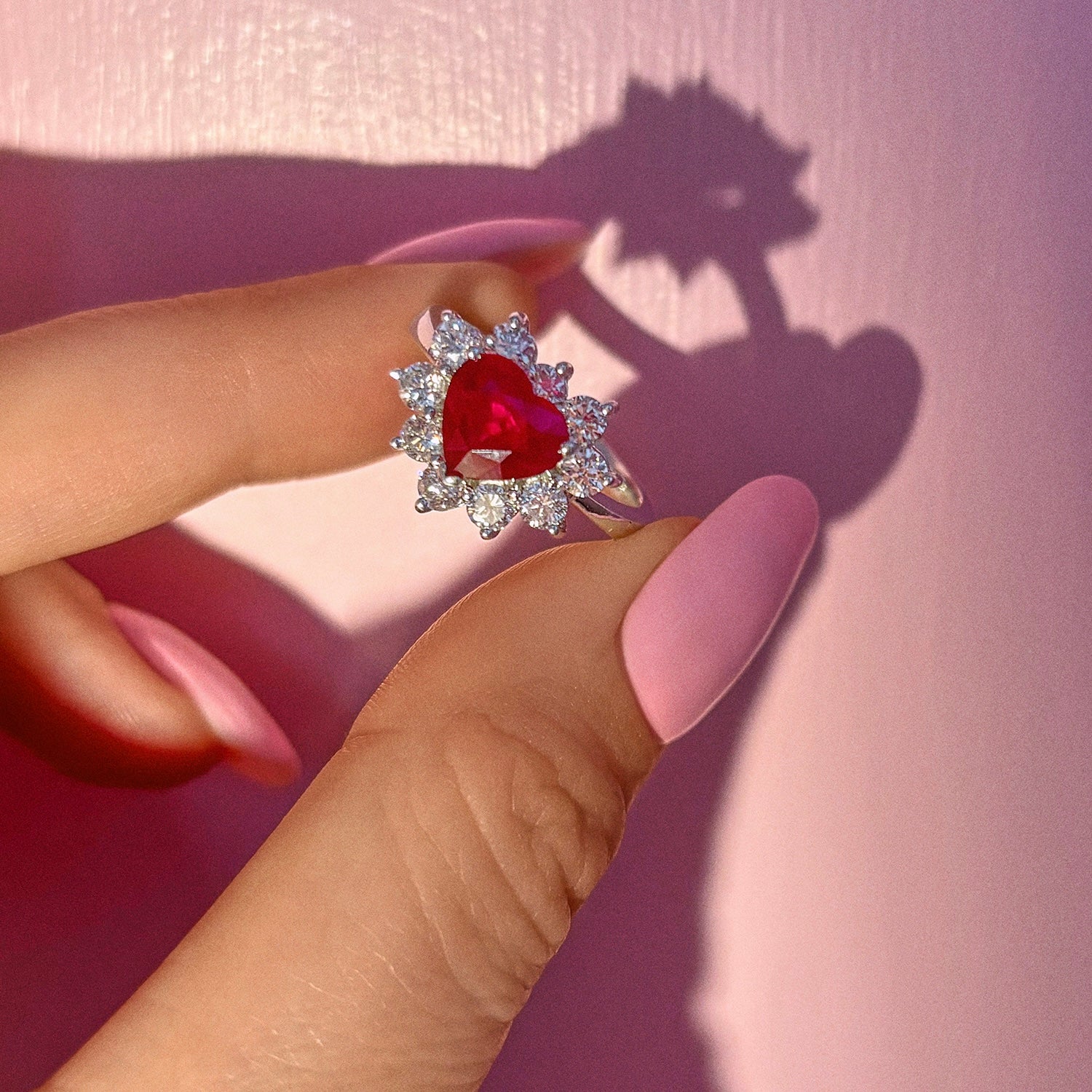 18ct white gold 1.61ct heart-shaped ruby and diamond cluster ring