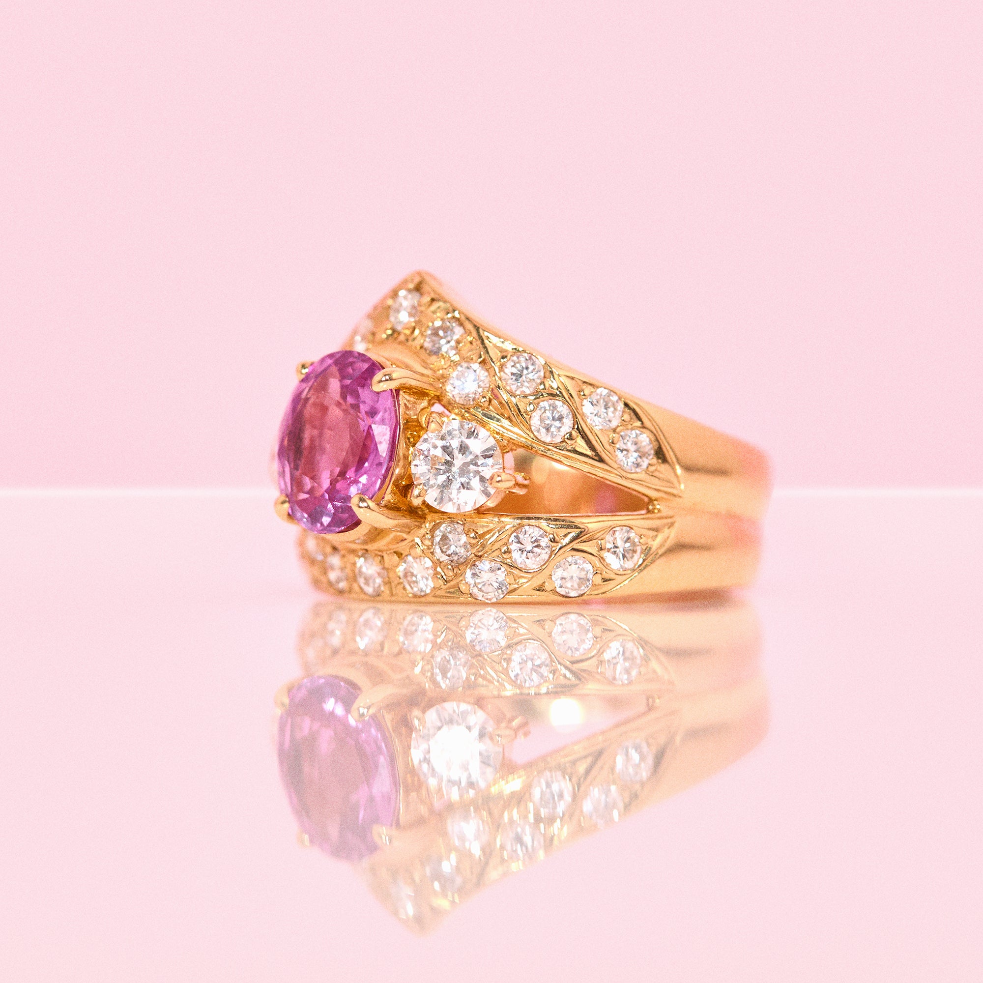 18ct gold pink sapphire and diamond ‘crown’ ring