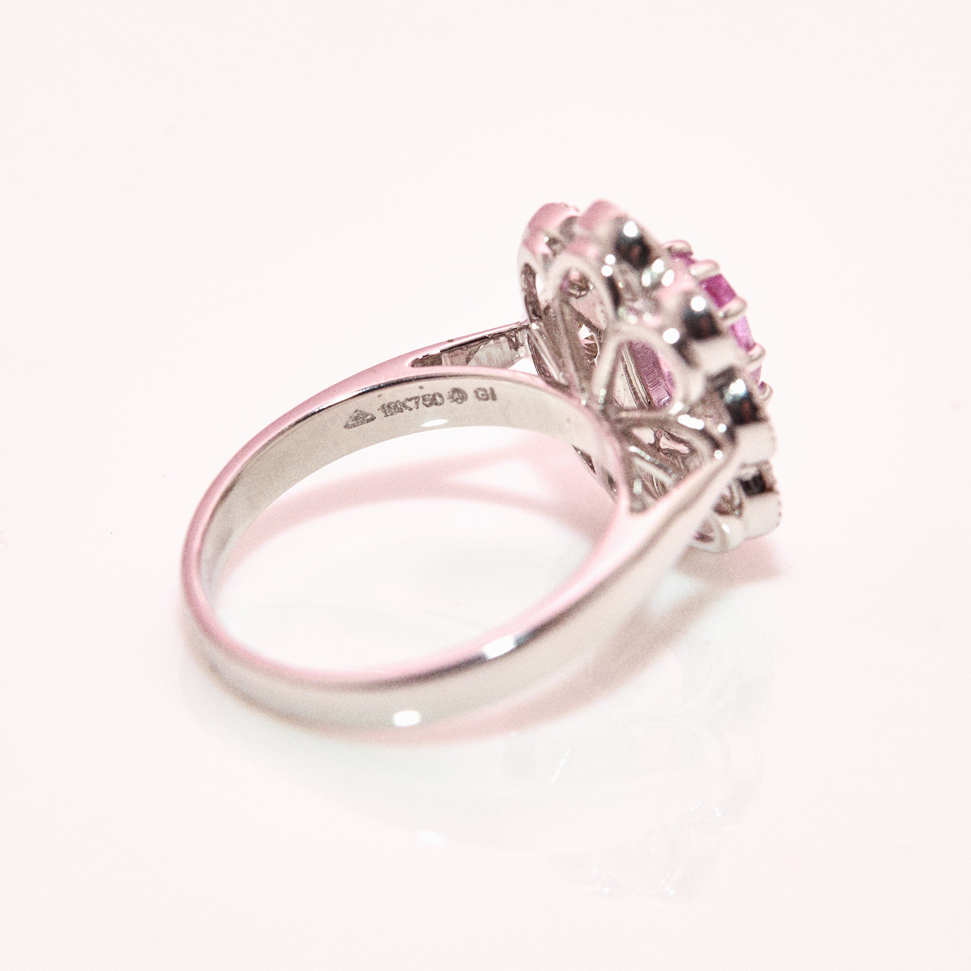 18ct white gold 1.84ct pink sapphire and diamond cluster ring