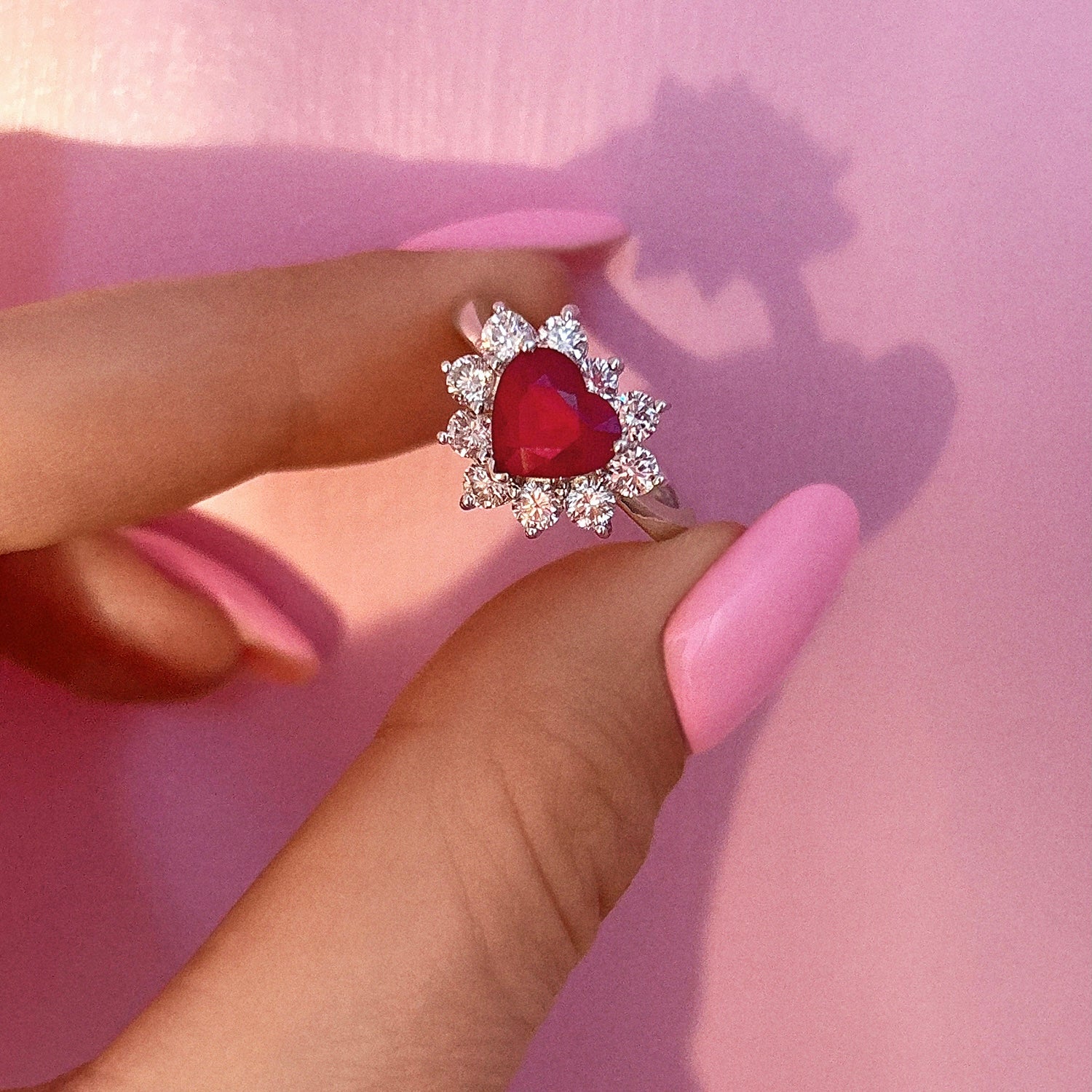 18ct white gold 1.61ct heart-shaped ruby and diamond cluster ring