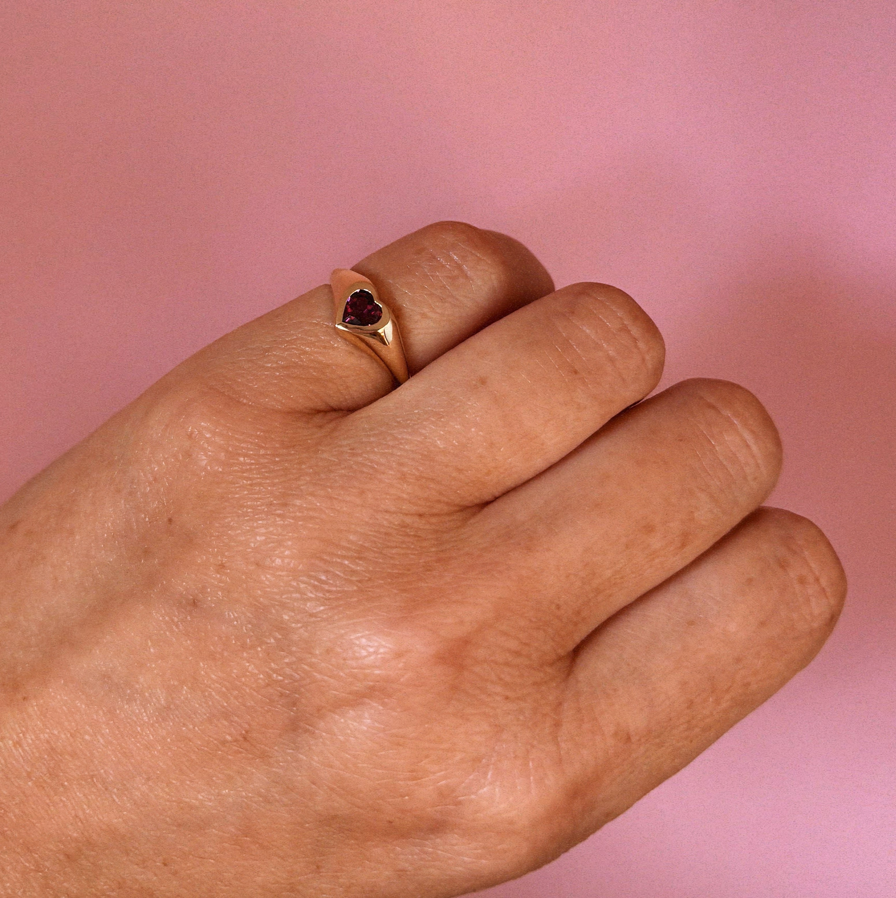 9ct gold heart shaped rhodolite garnet signet pinky ring (made to order)