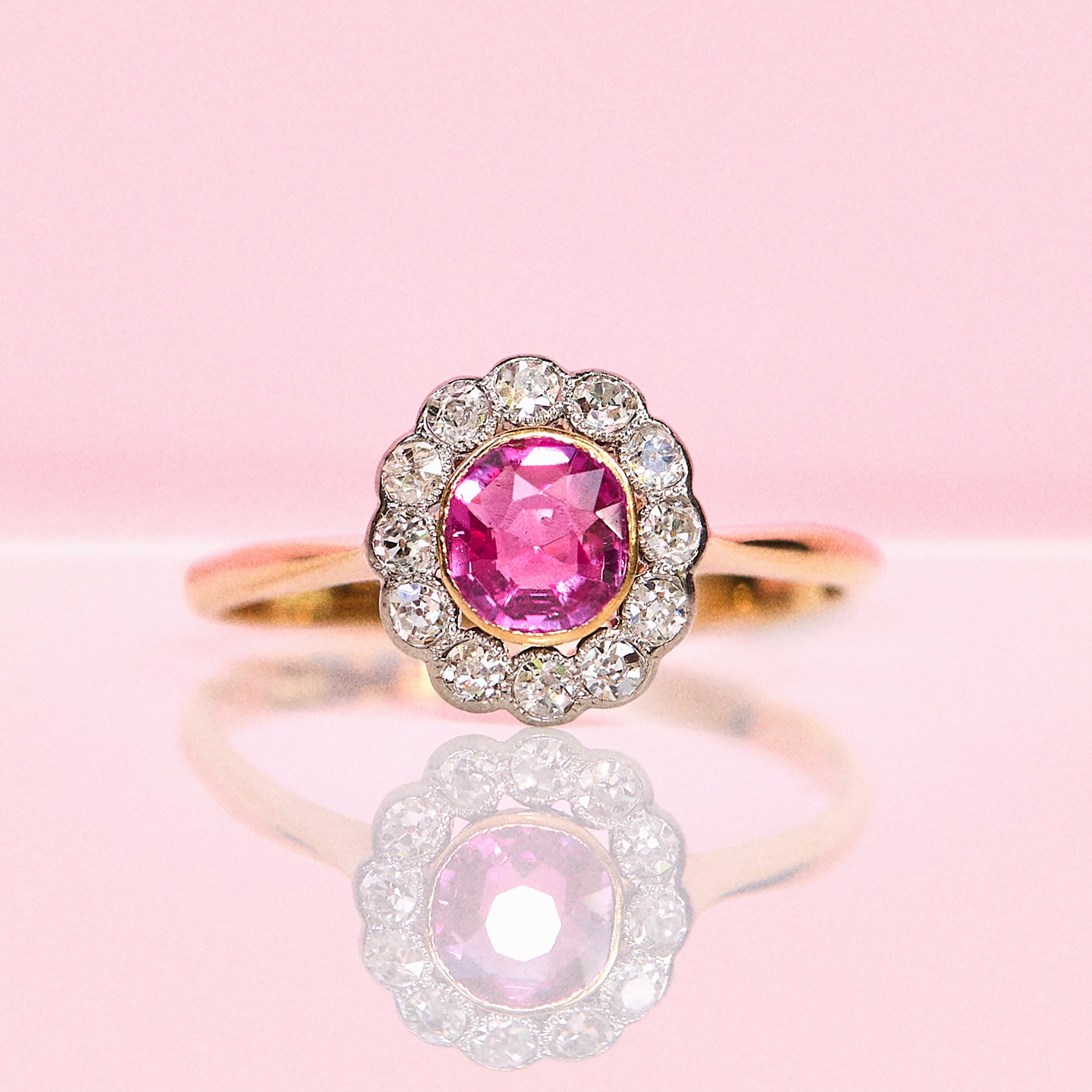 18ct gold old cut bezel set pink sapphire and diamond antique cluster ring