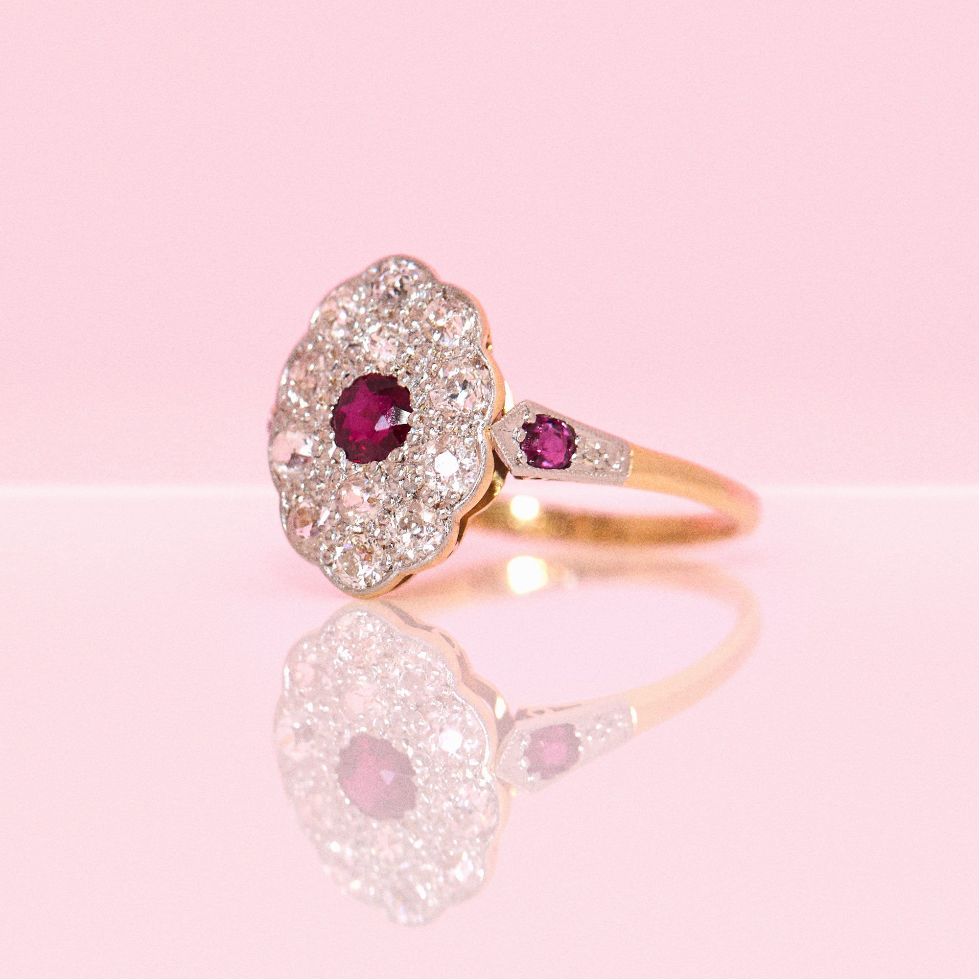 18ct gold old cut ruby and diamond cluster ring