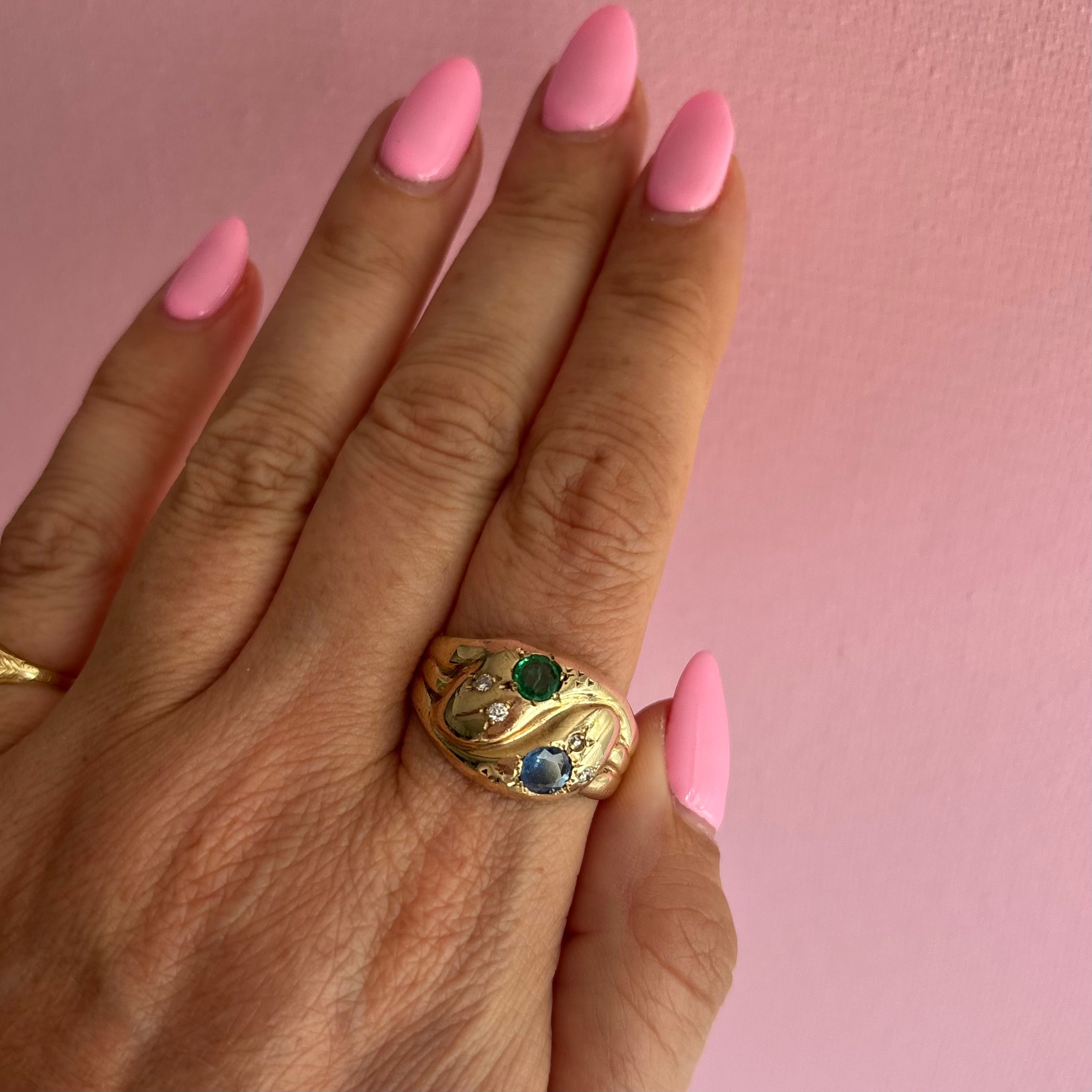 9ct gold diamond, emerald and sapphire snake ring